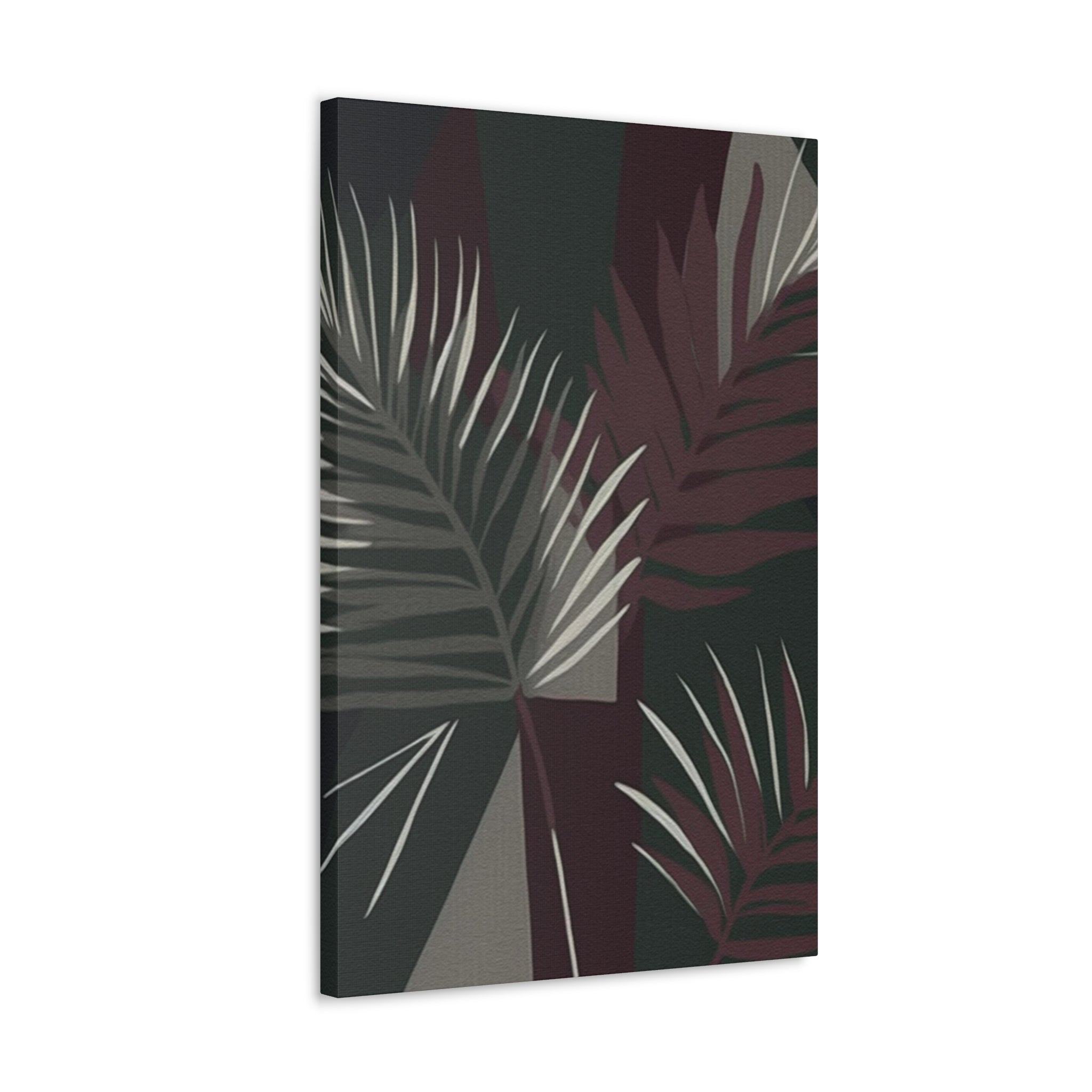 Canvas print artwork featuring palm tree leaves in maroon and green colors, showcasing a minimalist design perfect for home decor.