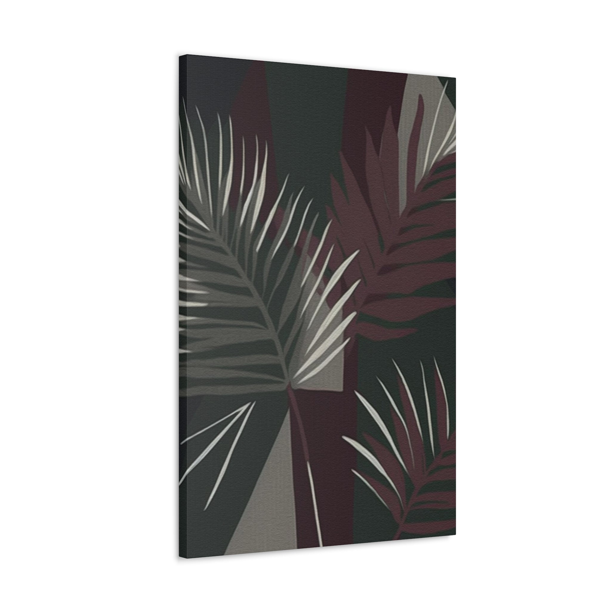 Canvas print artwork featuring palm tree leaves in maroon and green colors, showcasing a minimalist design perfect for home decor.