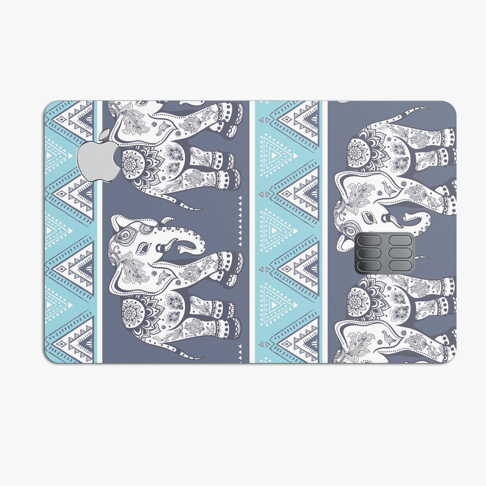 Walking Sacred Elephant Pattern decal skin for Apple Card, showcasing vibrant design and premium vinyl material.
