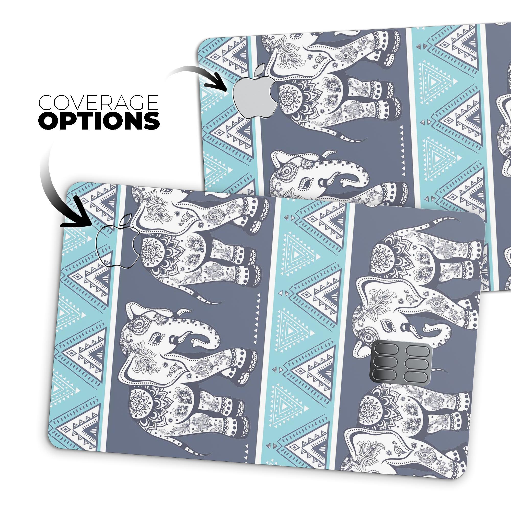 Walking Sacred Elephant Pattern decal skin for Apple Card, showcasing vibrant design and premium vinyl material.