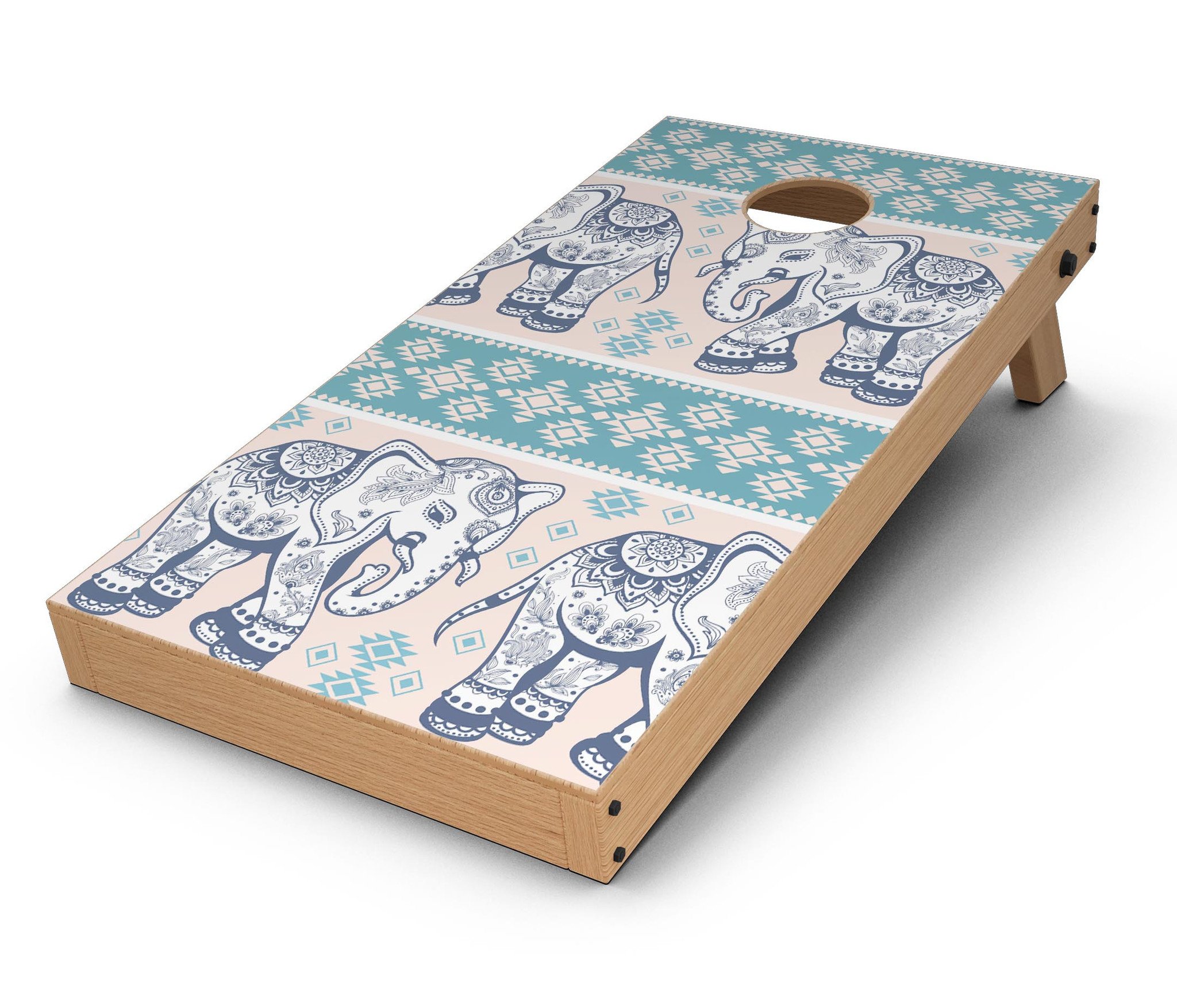Walking Sacred Elephant Pattern V2 Cornhole Board Skin Decal Kit featuring vibrant elephant design on premium vinyl.