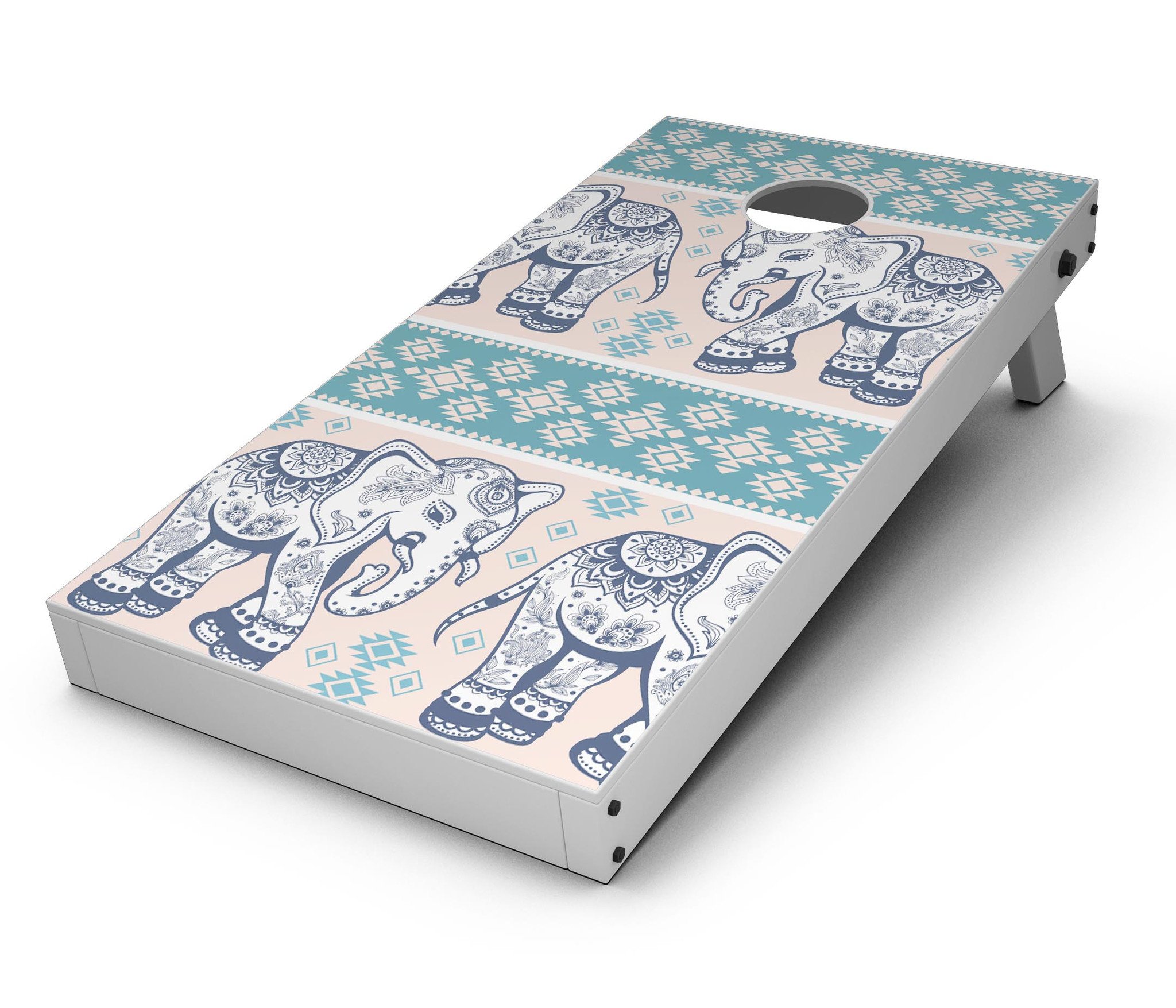 Walking Sacred Elephant Pattern V2 Cornhole Board Skin Decal Kit featuring vibrant elephant design on premium vinyl.