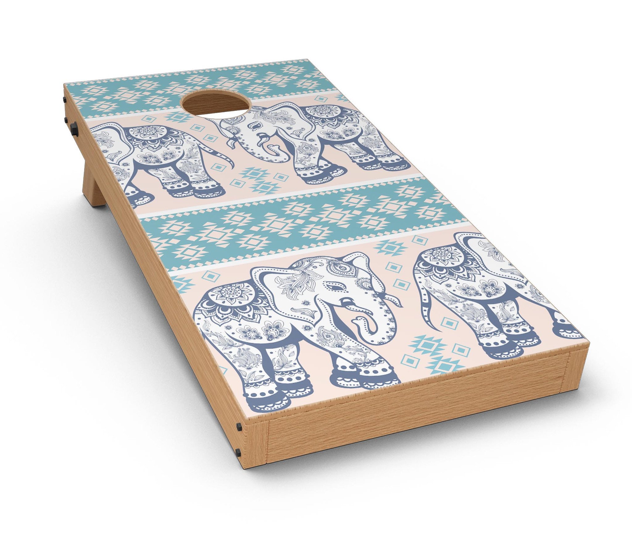 Walking Sacred Elephant Pattern V2 Cornhole Board Skin Decal Kit featuring vibrant elephant design on premium vinyl.