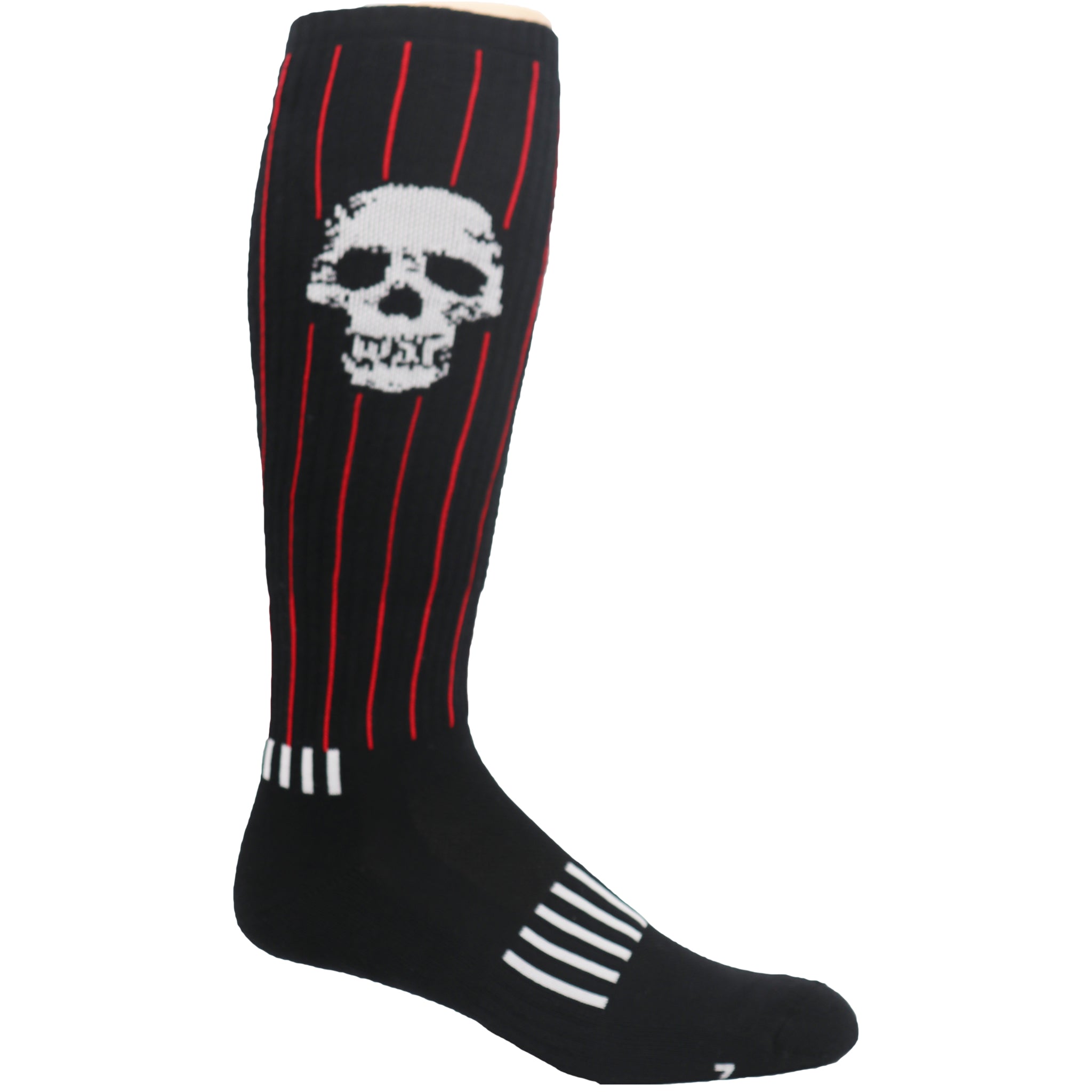 War Skull Deadlift Socks featuring a fierce skull design and red pinstripes, perfect for workouts and sports.