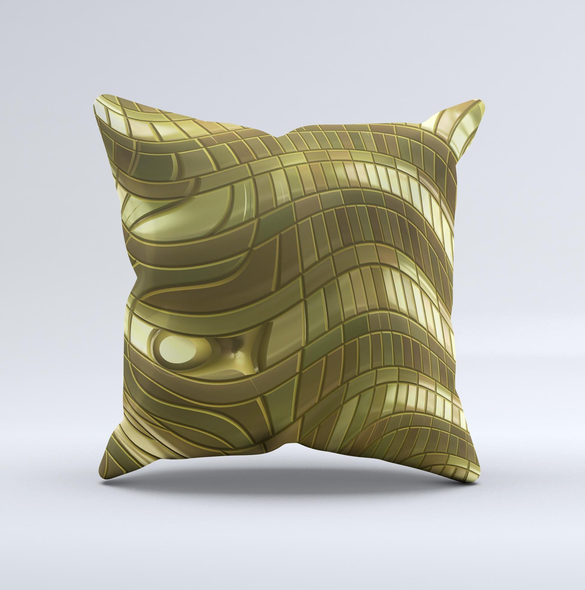 Warped Gold-Plated Mosaic ink-Fuzed Decorative Throw Pillow showcasing unique handcrafted design with luxurious fabric and vibrant colors.