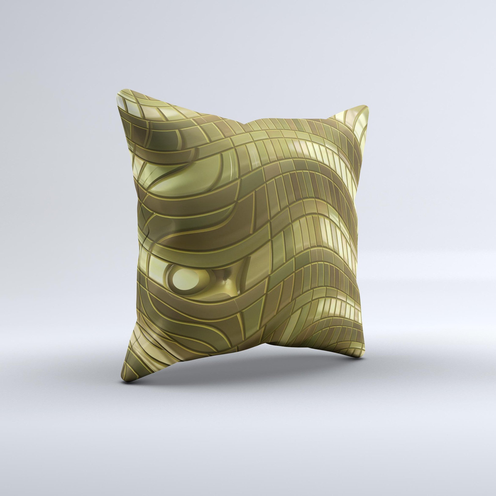 Warped Gold-Plated Mosaic ink-Fuzed Decorative Throw Pillow showcasing unique handcrafted design with luxurious fabric and vibrant colors.