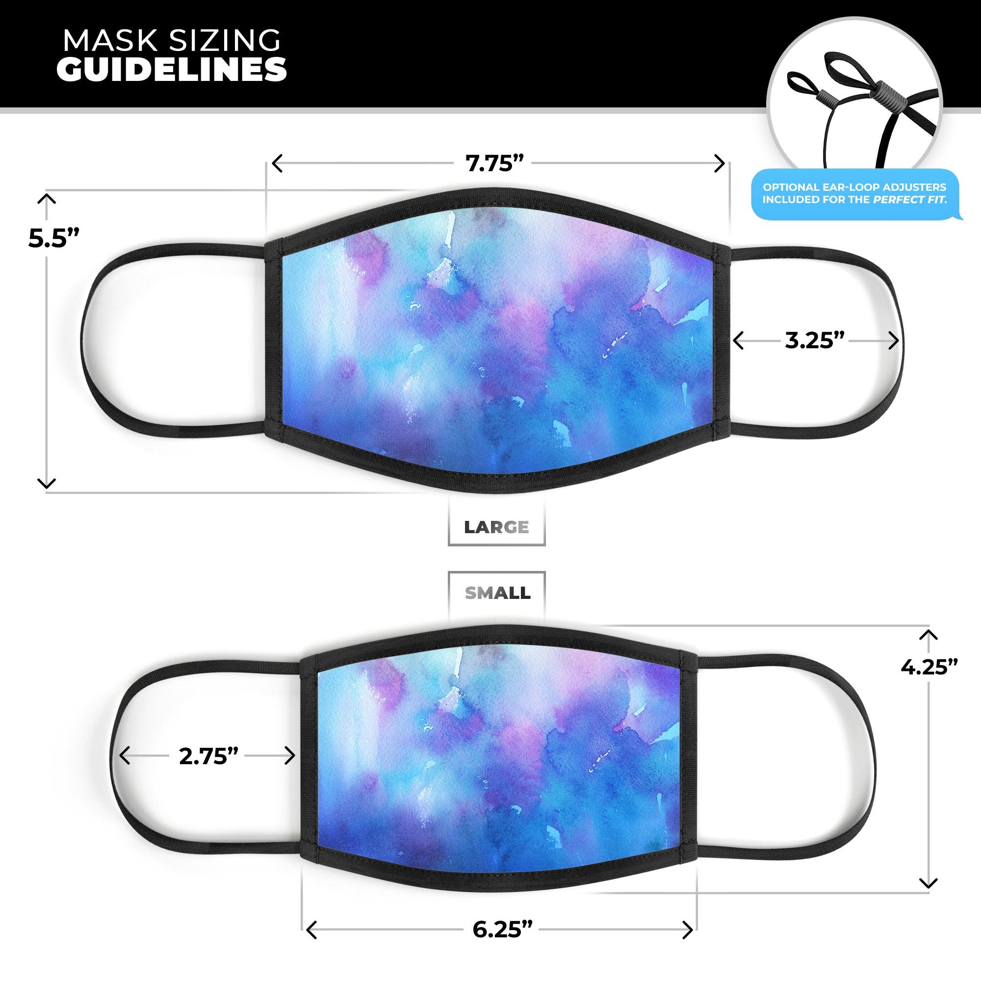 Washed 42290 Absorbed Watercolor Texture mouth cover featuring a vibrant design, adjustable ear loops, and a comfortable cotton interior.