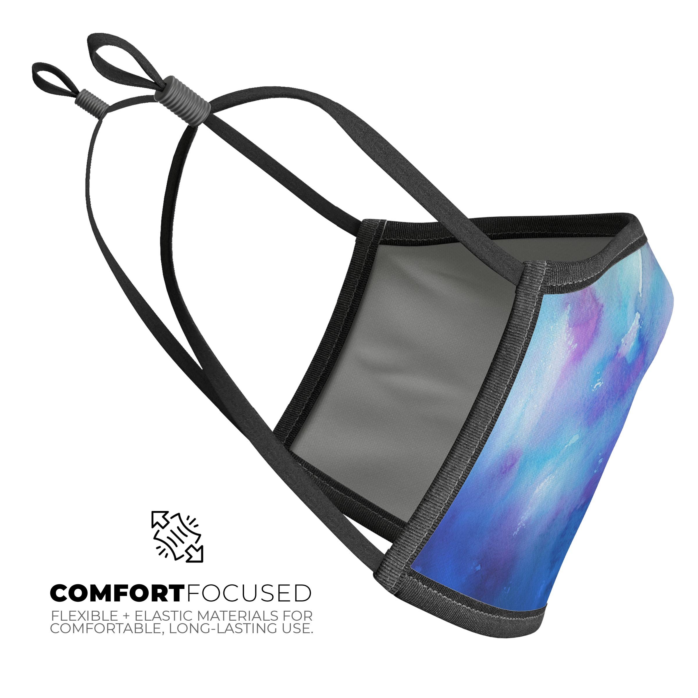 Washed 42290 Absorbed Watercolor Texture mouth cover featuring a vibrant design, adjustable ear loops, and a comfortable cotton interior.