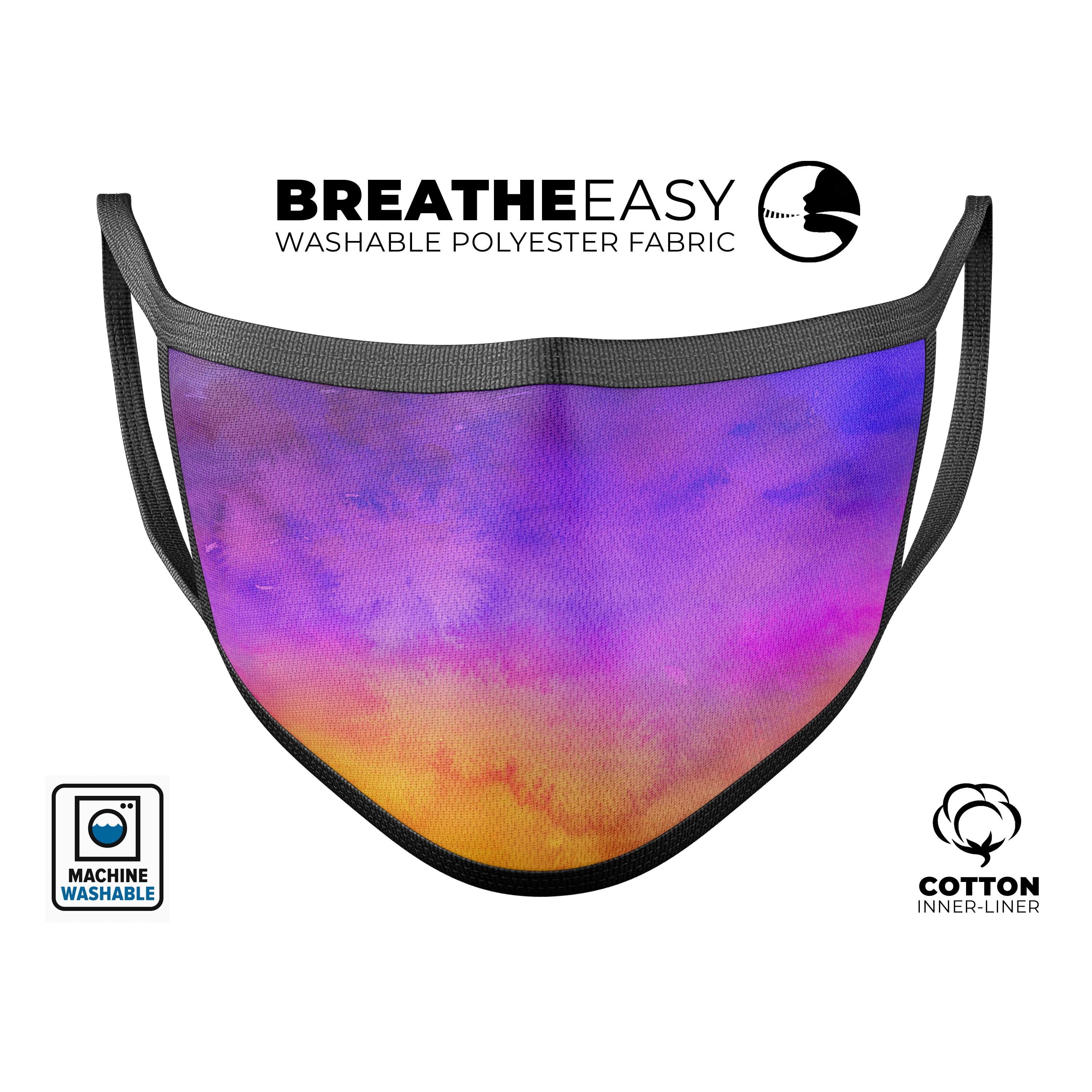 Washed 821 Absorbed Watercolor Texture mouth cover featuring a vibrant watercolor design, adjustable ear loops, and soft cotton interior.