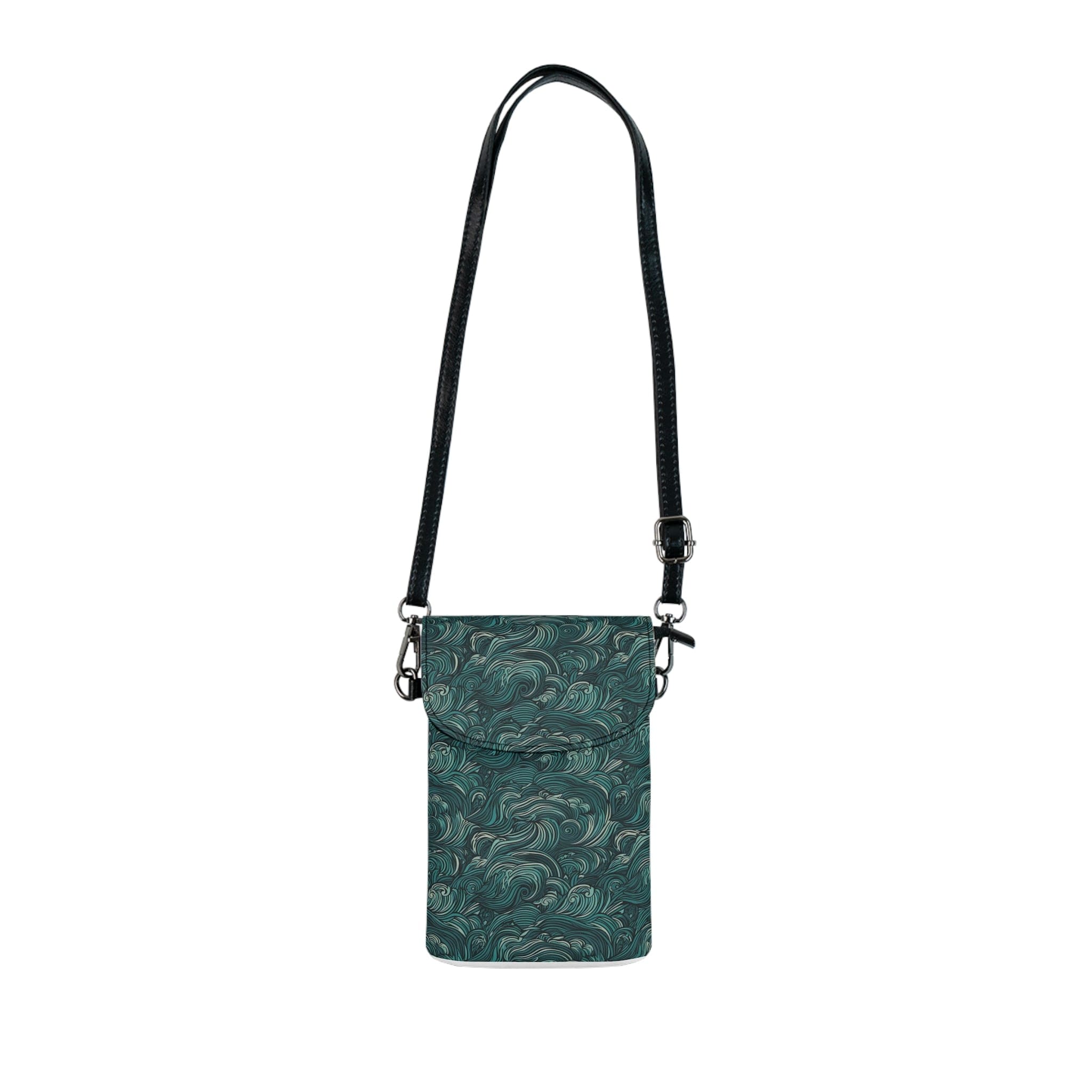 Water Wave Mint Green Illustration Crossbody Cell Phone Wallet Purse with adjustable strap and card slots.