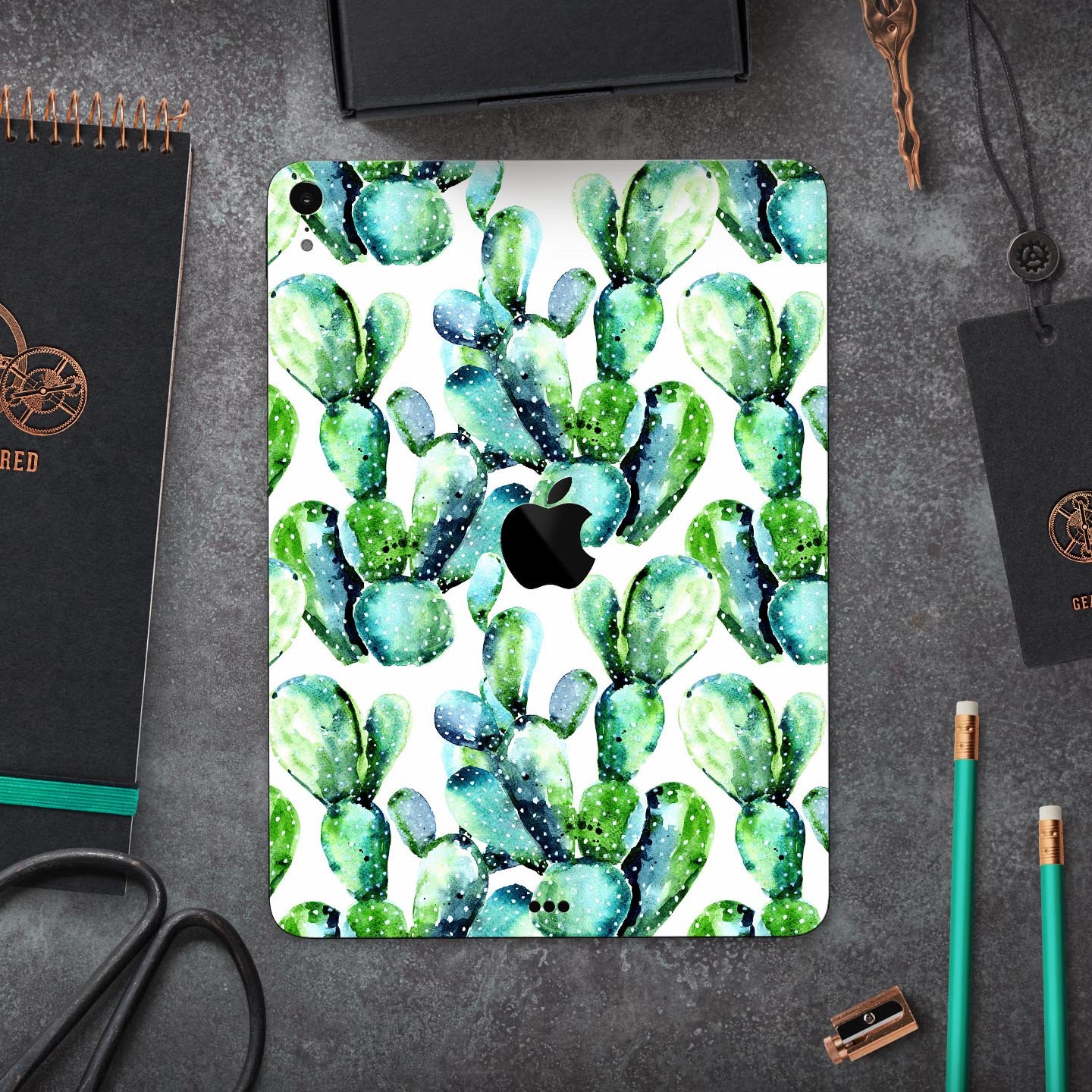 Watercolor Cactus Bloom V1 skin decal for Apple iPad, showcasing vibrant cactus design on a sleek surface.