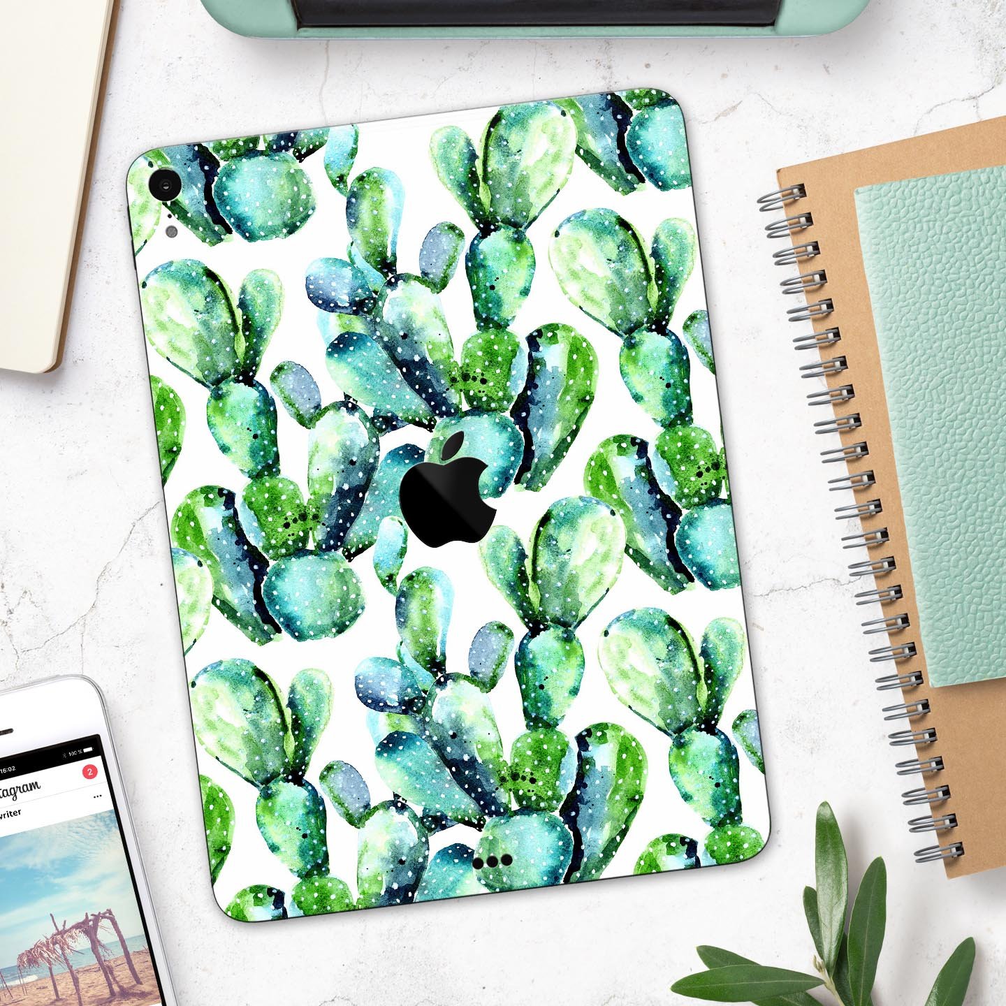 Watercolor Cactus Bloom V1 skin decal for Apple iPad, showcasing vibrant cactus design on a sleek surface.