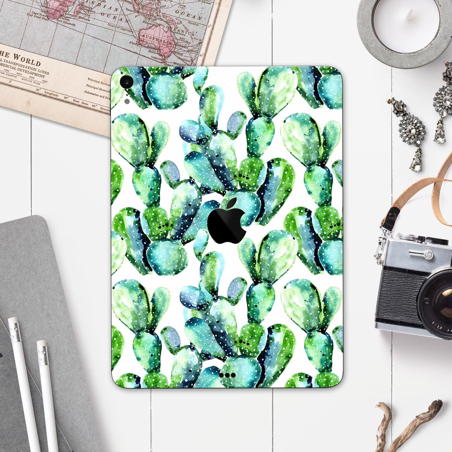 Watercolor Cactus Bloom V1 skin decal for Apple iPad, showcasing vibrant cactus design on a sleek surface.
