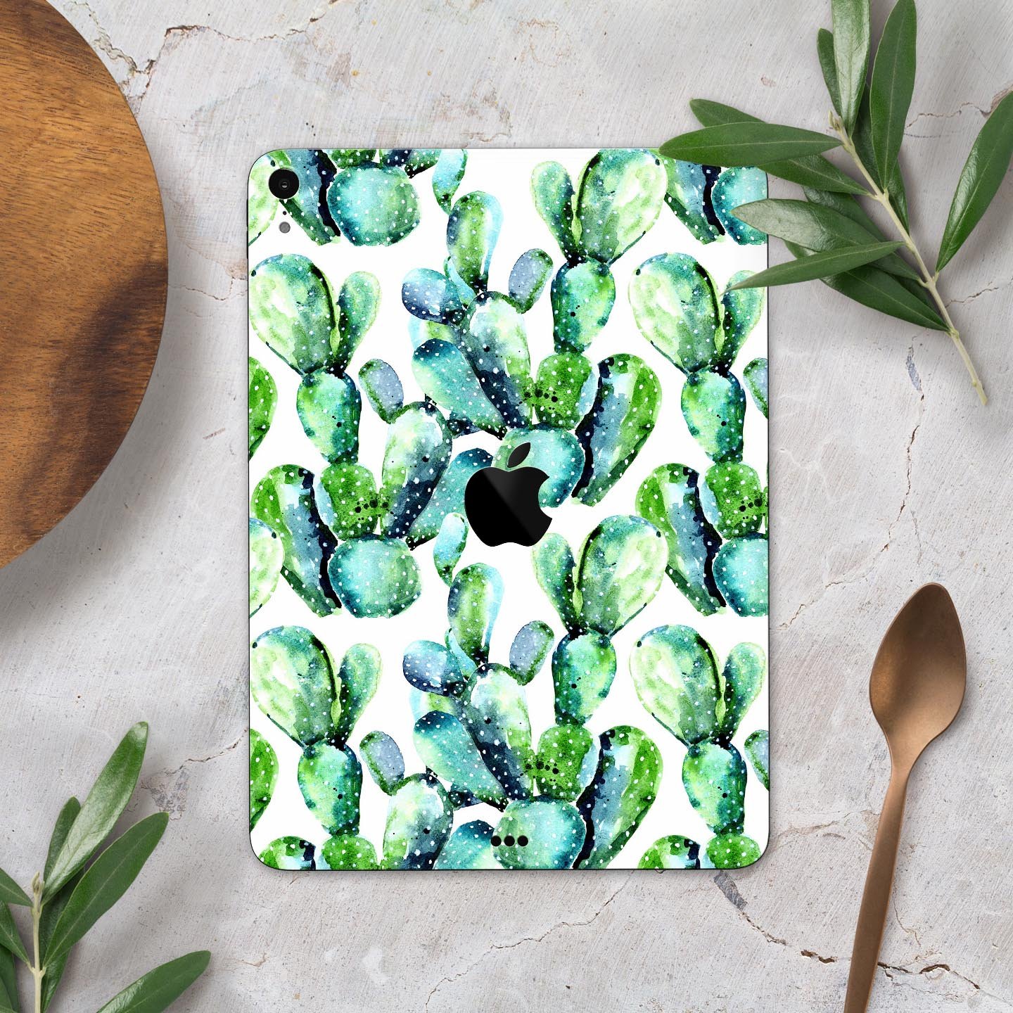 Watercolor Cactus Bloom V1 skin decal for Apple iPad, showcasing vibrant cactus design on a sleek surface.