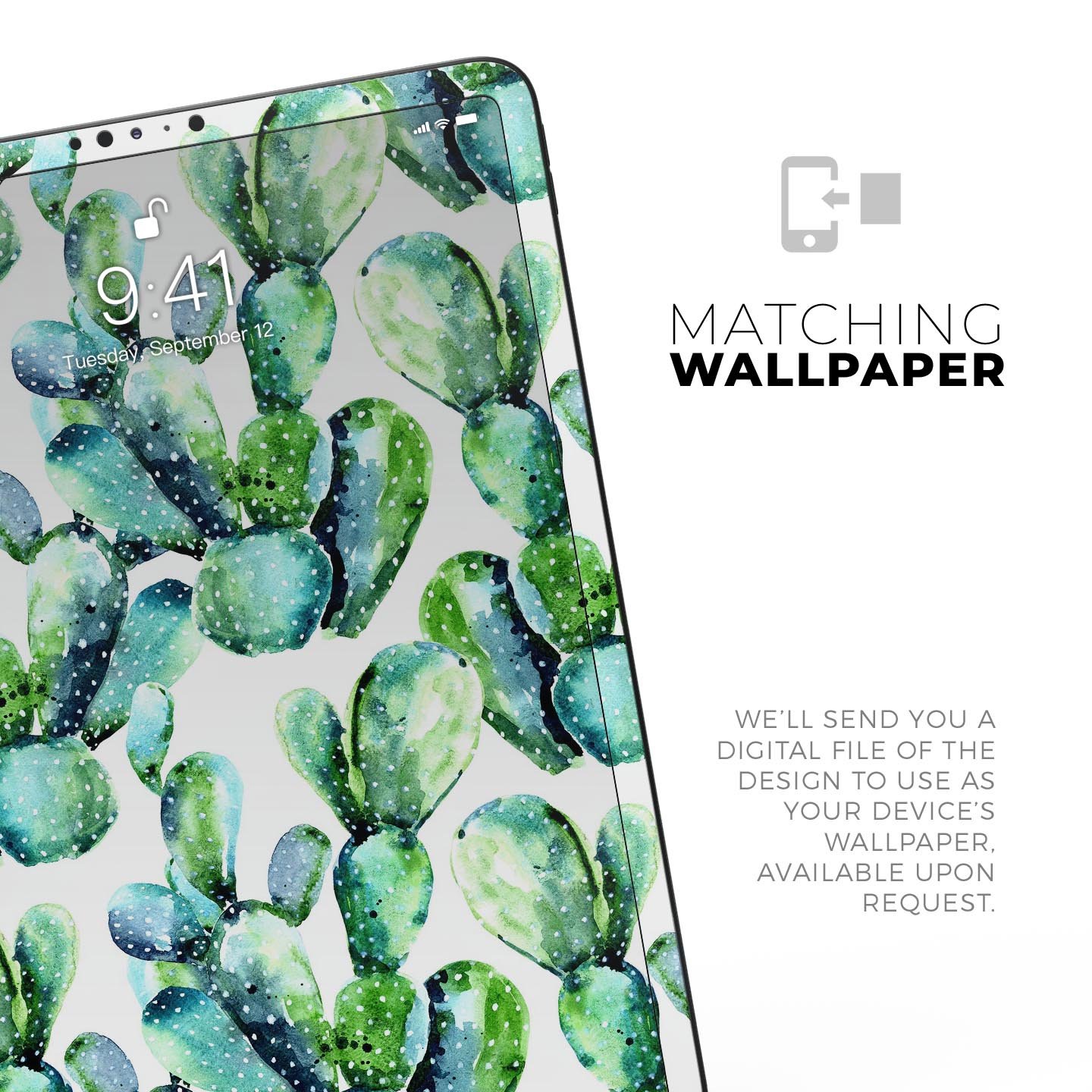 Watercolor Cactus Bloom V1 skin decal for Apple iPad, showcasing vibrant cactus design on a sleek surface.