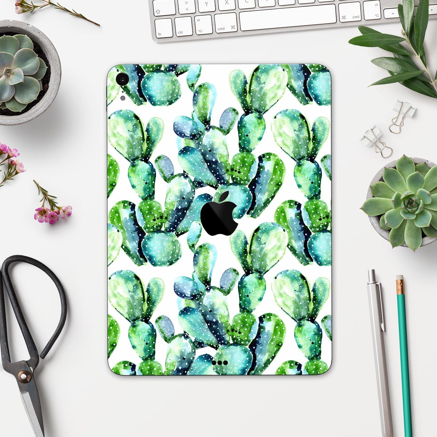 Watercolor Cactus Bloom V1 skin decal for Apple iPad, showcasing vibrant cactus design on a sleek surface.