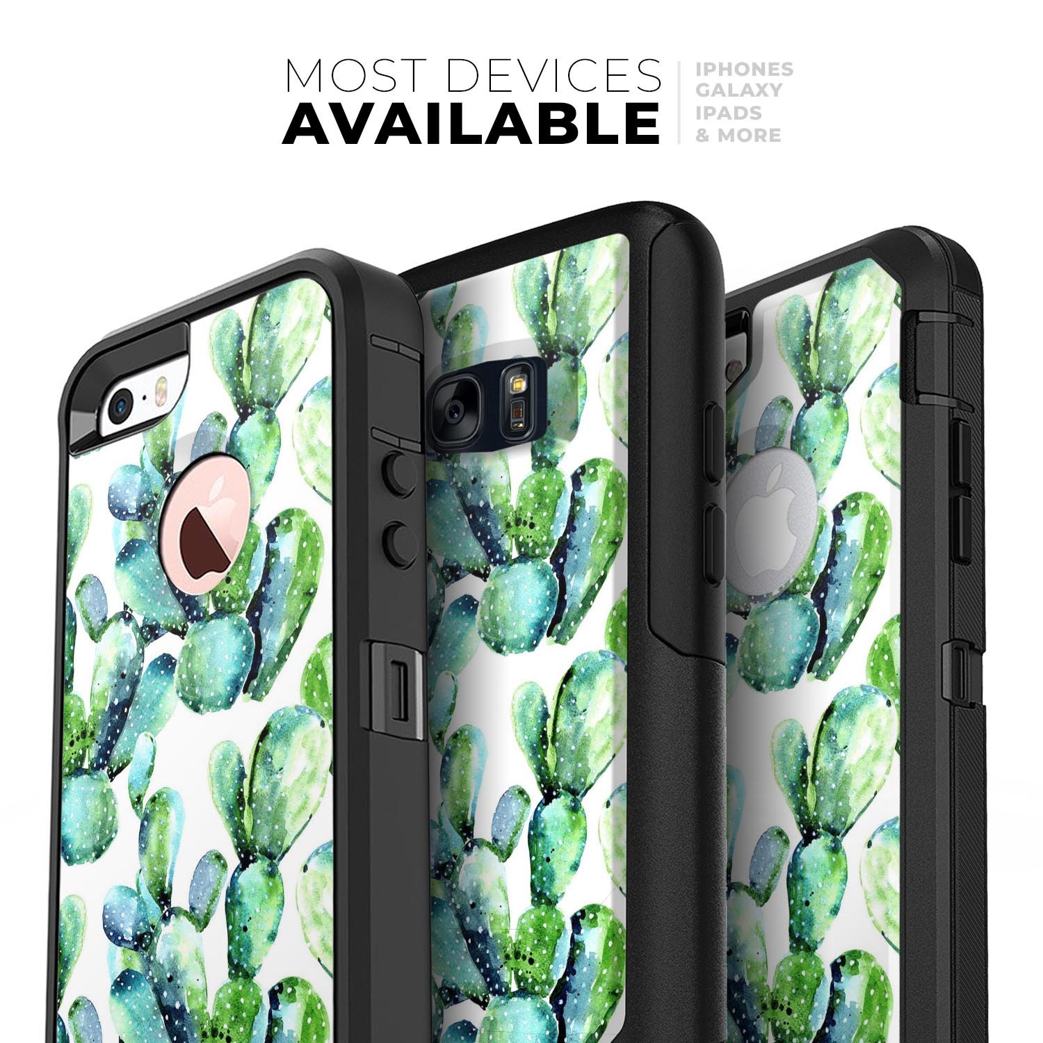 Watercolor Cactus Bloom V1 Skin Kit for iPhone OtterBox Cases featuring a vibrant cactus design.