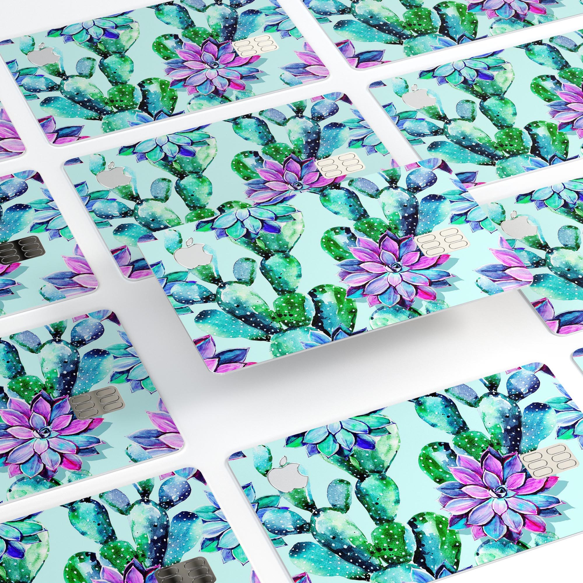 Watercolor Cactus Succulent Bloom V11 decal on an Apple Card, showcasing vibrant colors and a protective design.