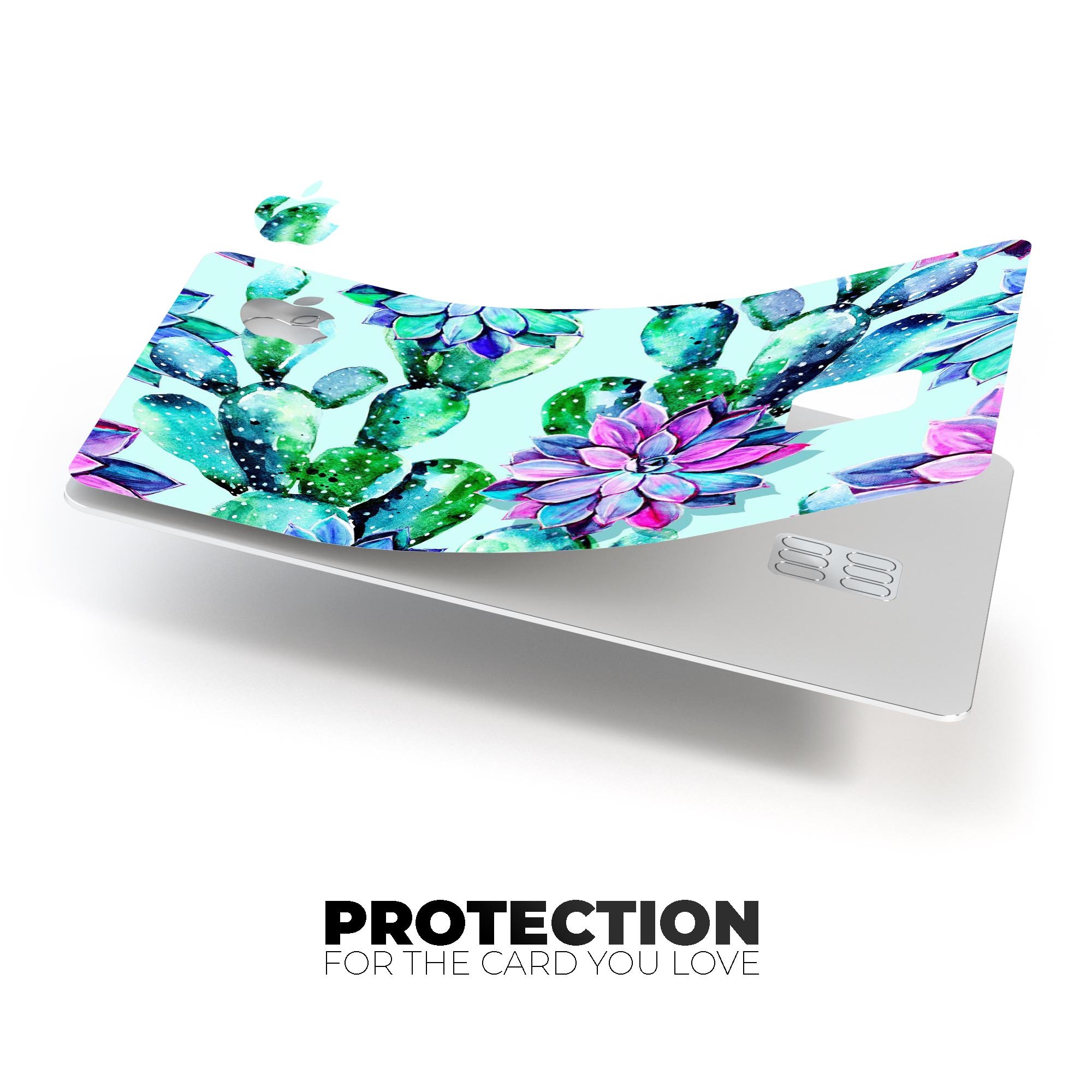 Watercolor Cactus Succulent Bloom V11 decal on an Apple Card, showcasing vibrant colors and a protective design.