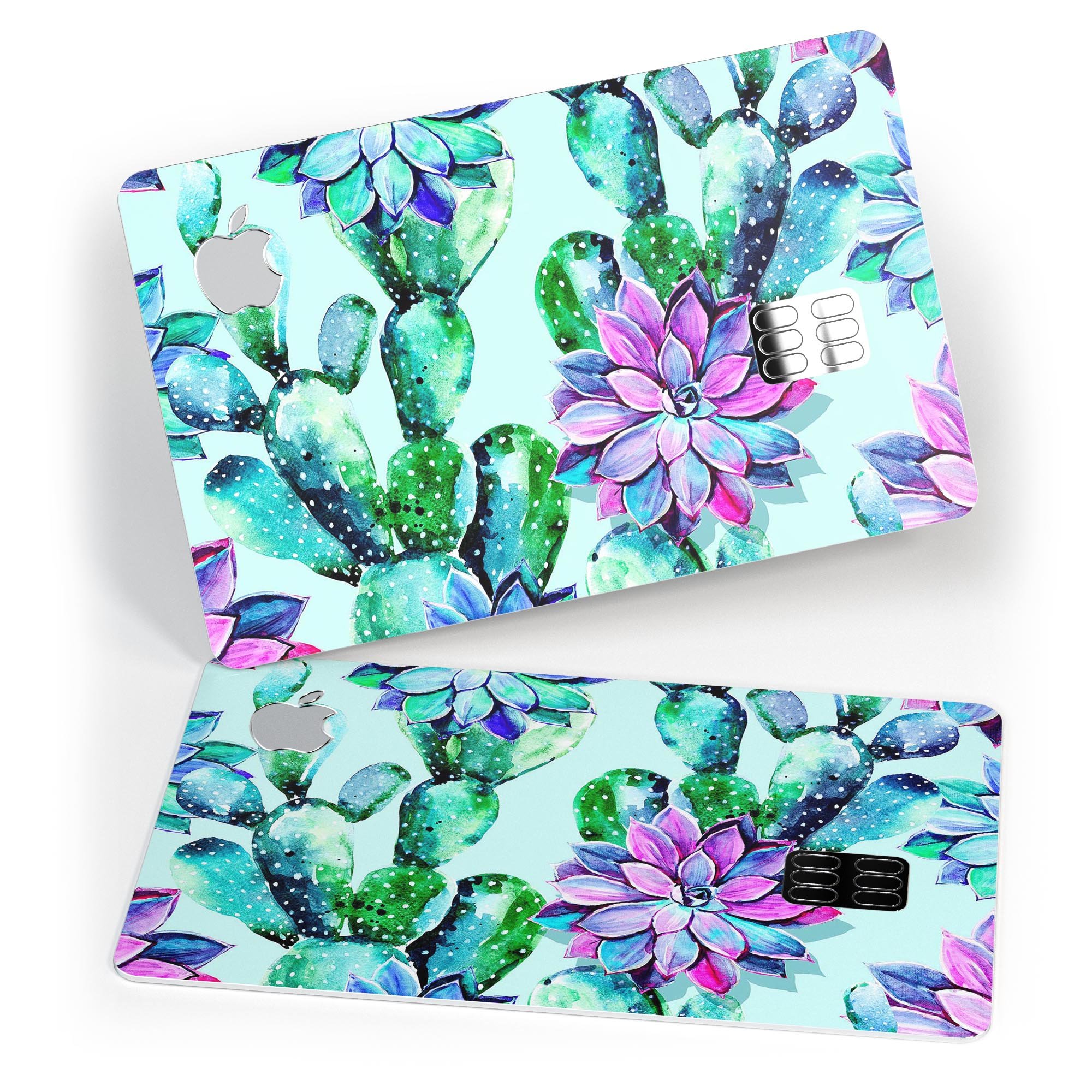 Watercolor Cactus Succulent Bloom V11 decal on an Apple Card, showcasing vibrant colors and a protective design.