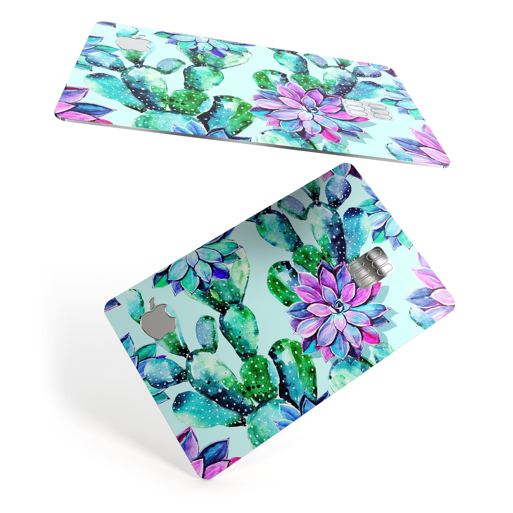 Watercolor Cactus Succulent Bloom V11 decal on an Apple Card, showcasing vibrant colors and a protective design.