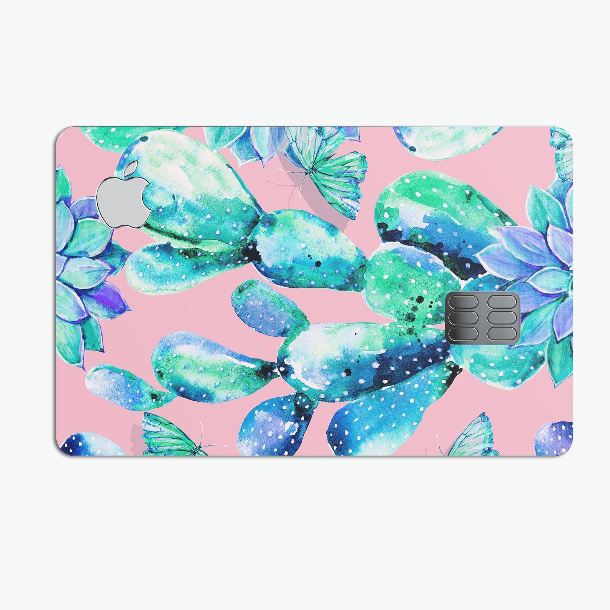 Watercolor Cactus Succulent Bloom V10 decal on an Apple Card, showcasing vibrant colors and a protective design.