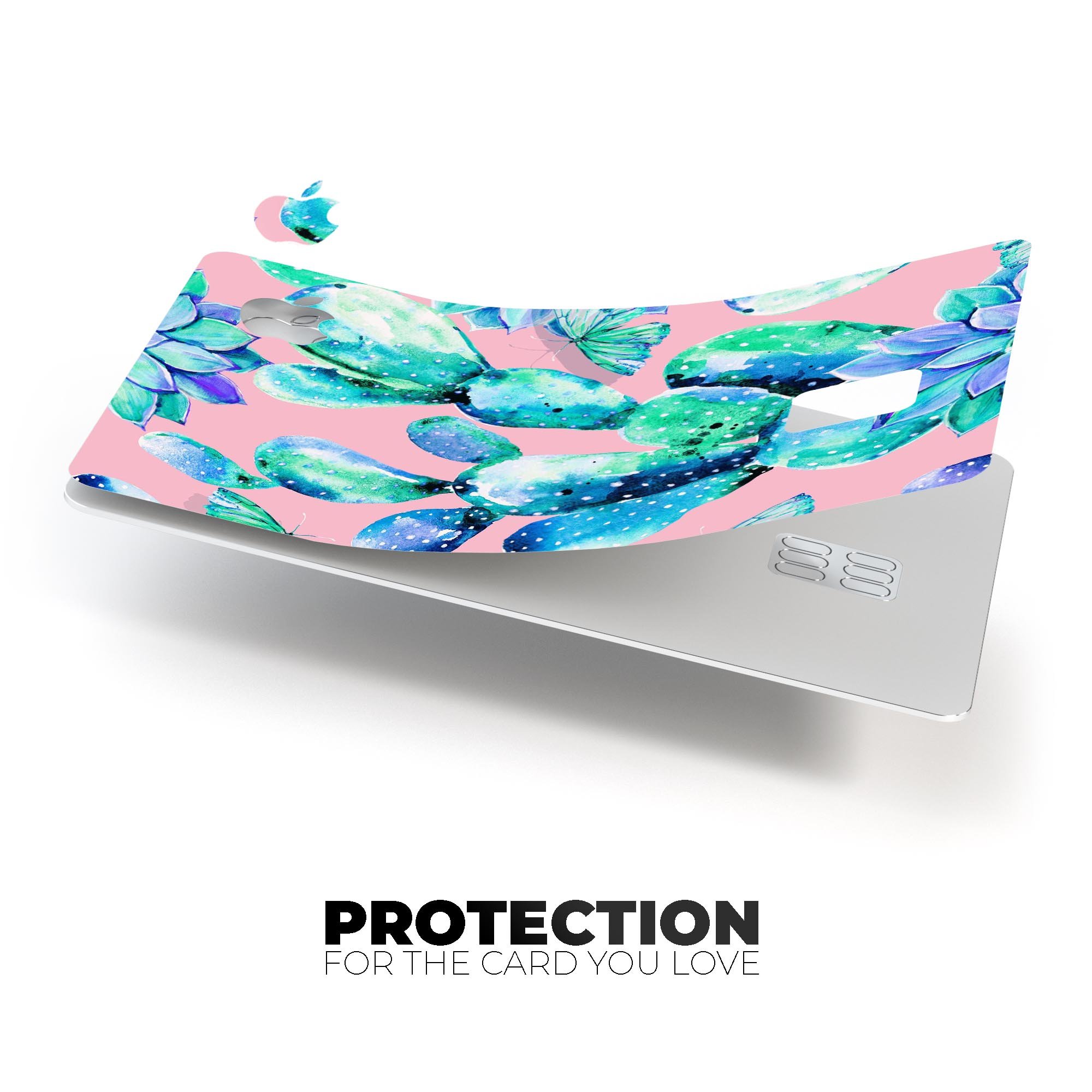 Watercolor Cactus Succulent Bloom V10 decal on an Apple Card, showcasing vibrant colors and a protective design.