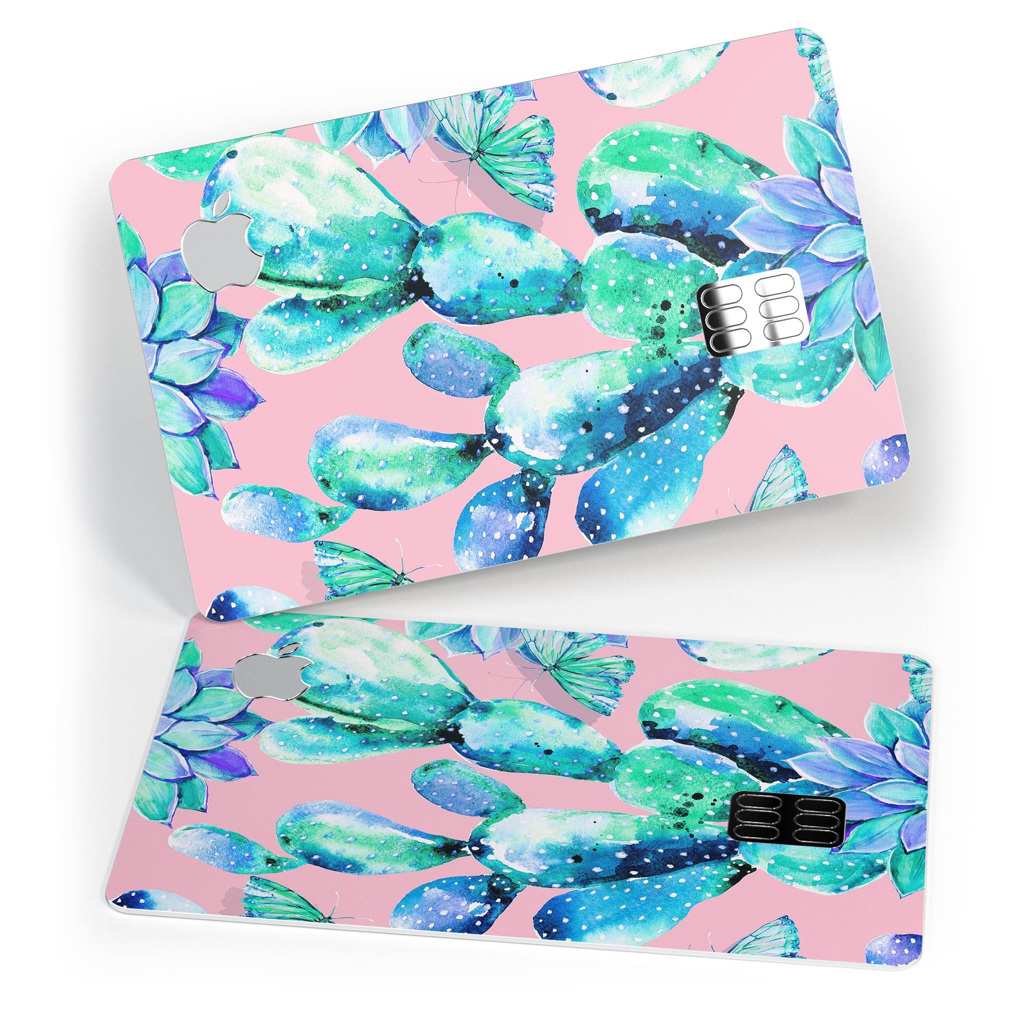 Watercolor Cactus Succulent Bloom V10 decal on an Apple Card, showcasing vibrant colors and a protective design.