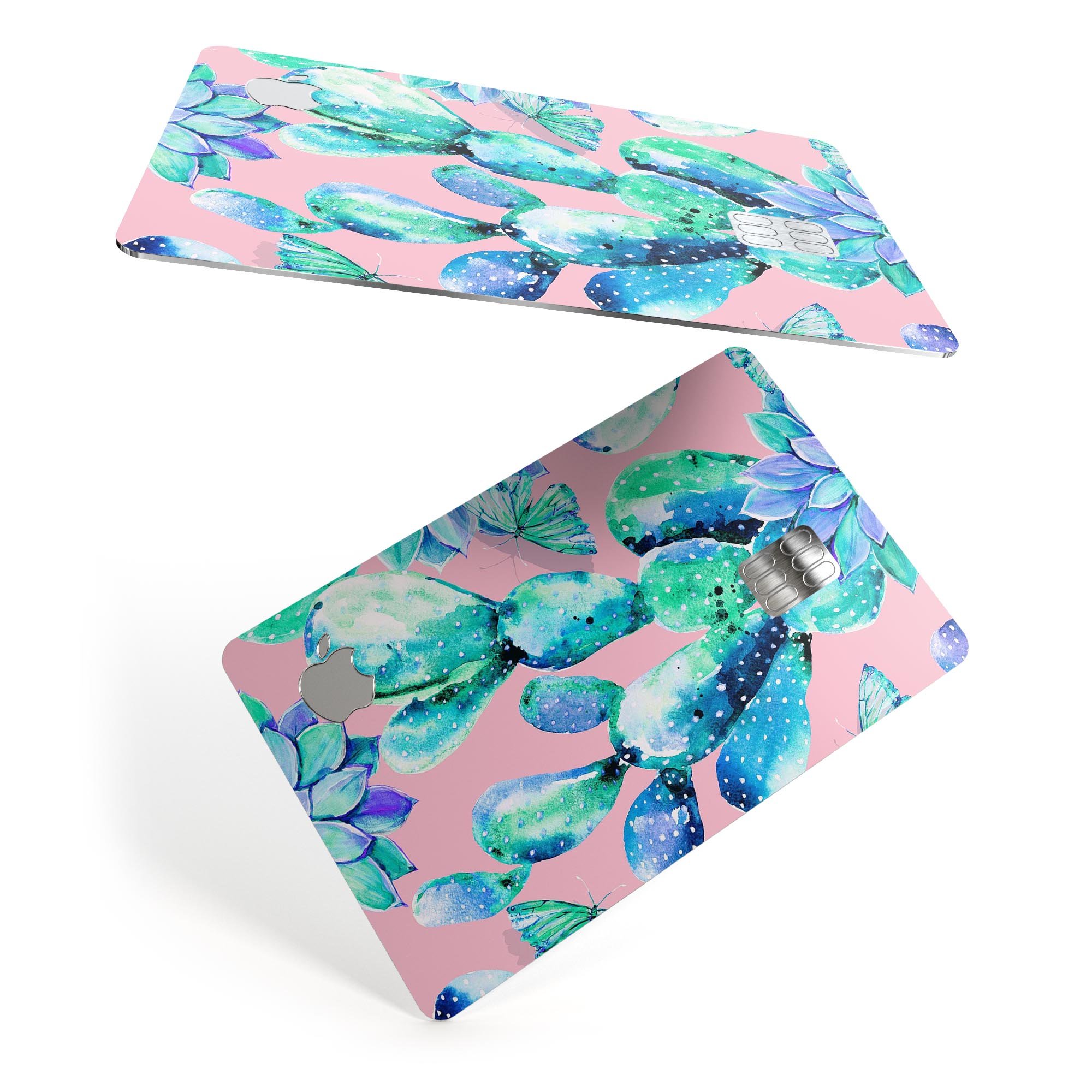 Watercolor Cactus Succulent Bloom V10 decal on an Apple Card, showcasing vibrant colors and a protective design.