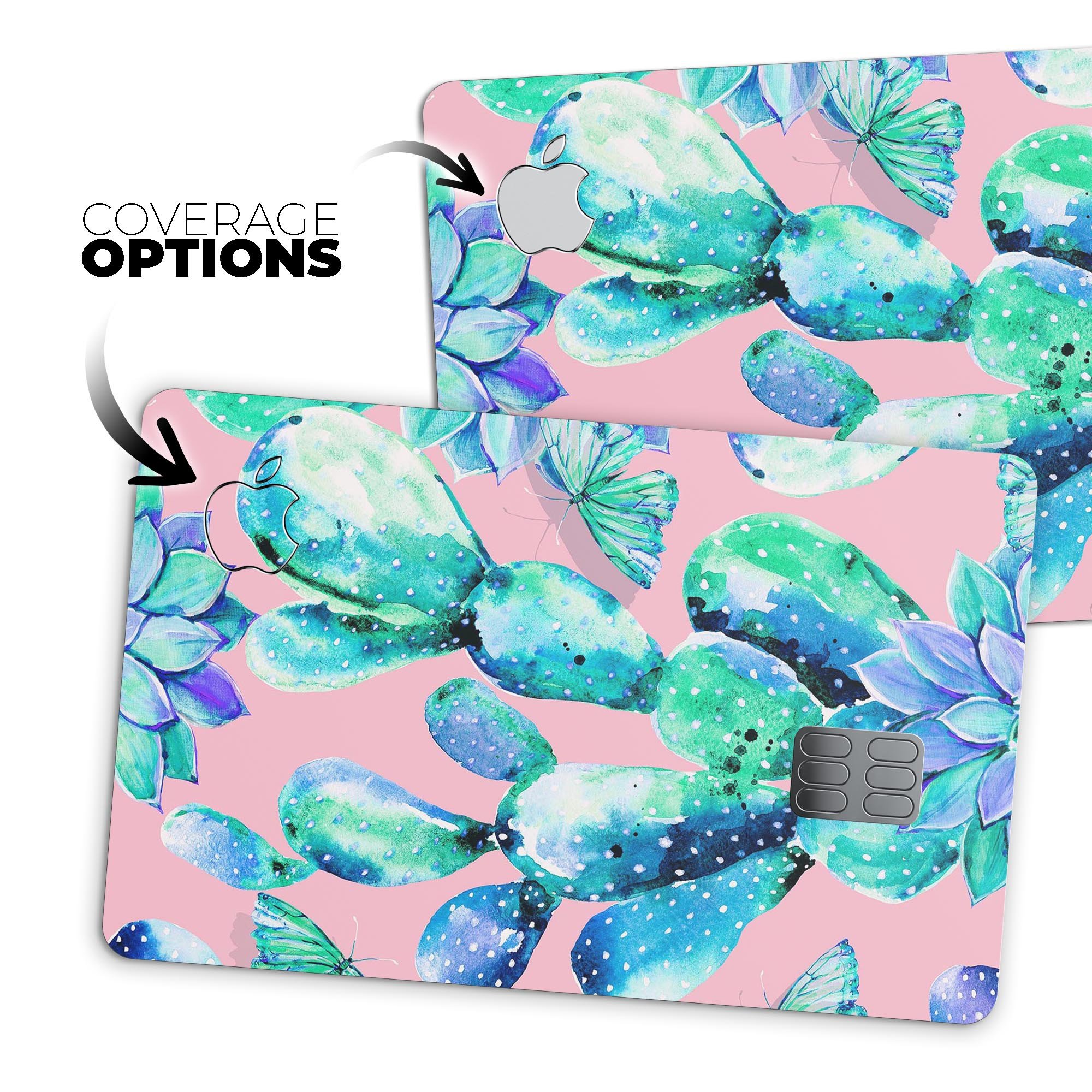 Watercolor Cactus Succulent Bloom V10 decal on an Apple Card, showcasing vibrant colors and a protective design.