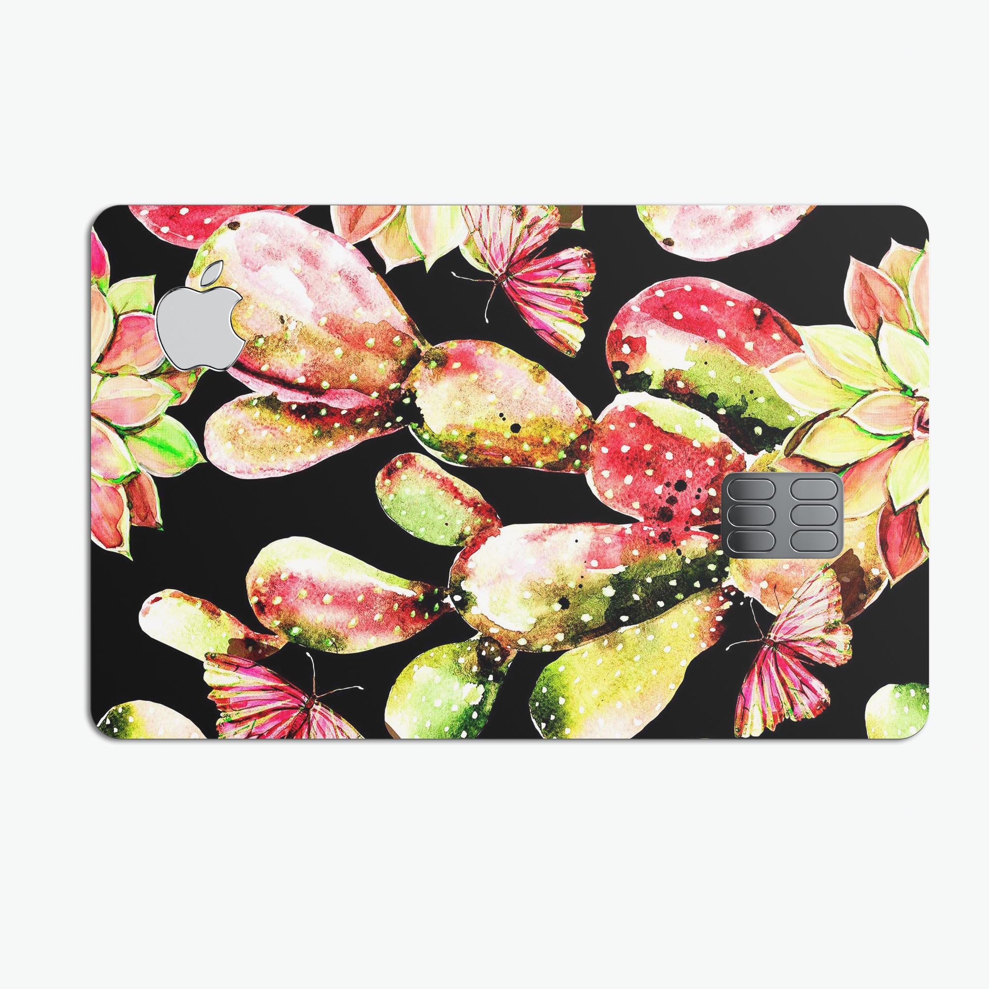 Watercolor Cactus Succulent Bloom V5 decal on an Apple Card, showcasing vibrant colors and a protective design.