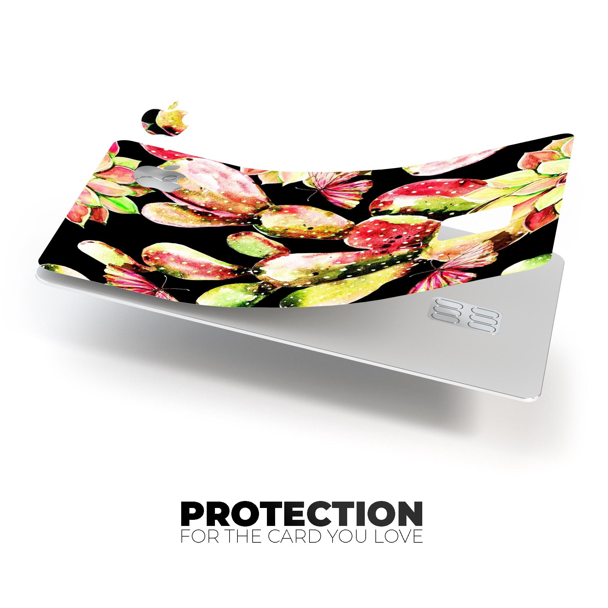 Watercolor Cactus Succulent Bloom V5 decal on an Apple Card, showcasing vibrant colors and a protective design.