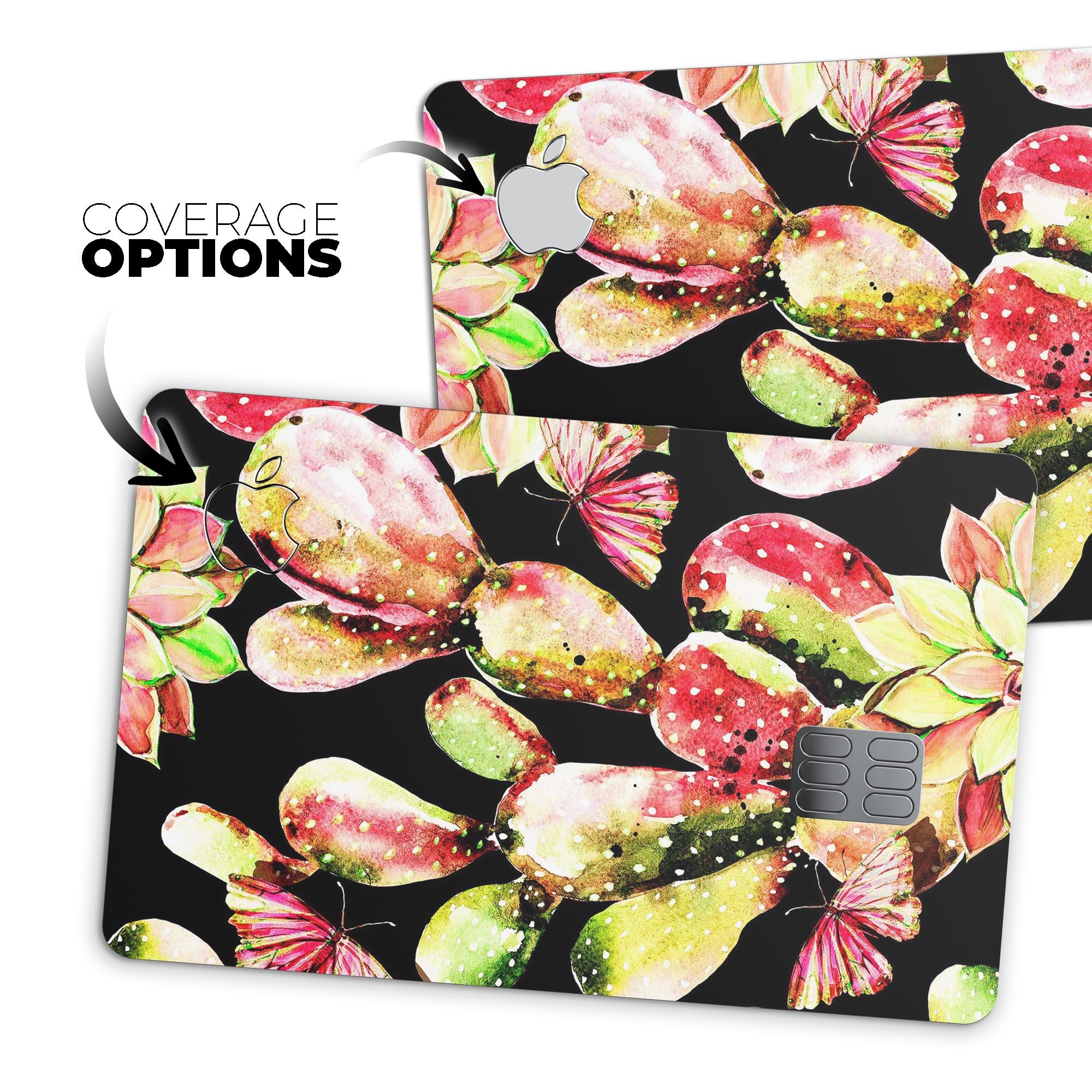 Watercolor Cactus Succulent Bloom V5 decal on an Apple Card, showcasing vibrant colors and a protective design.