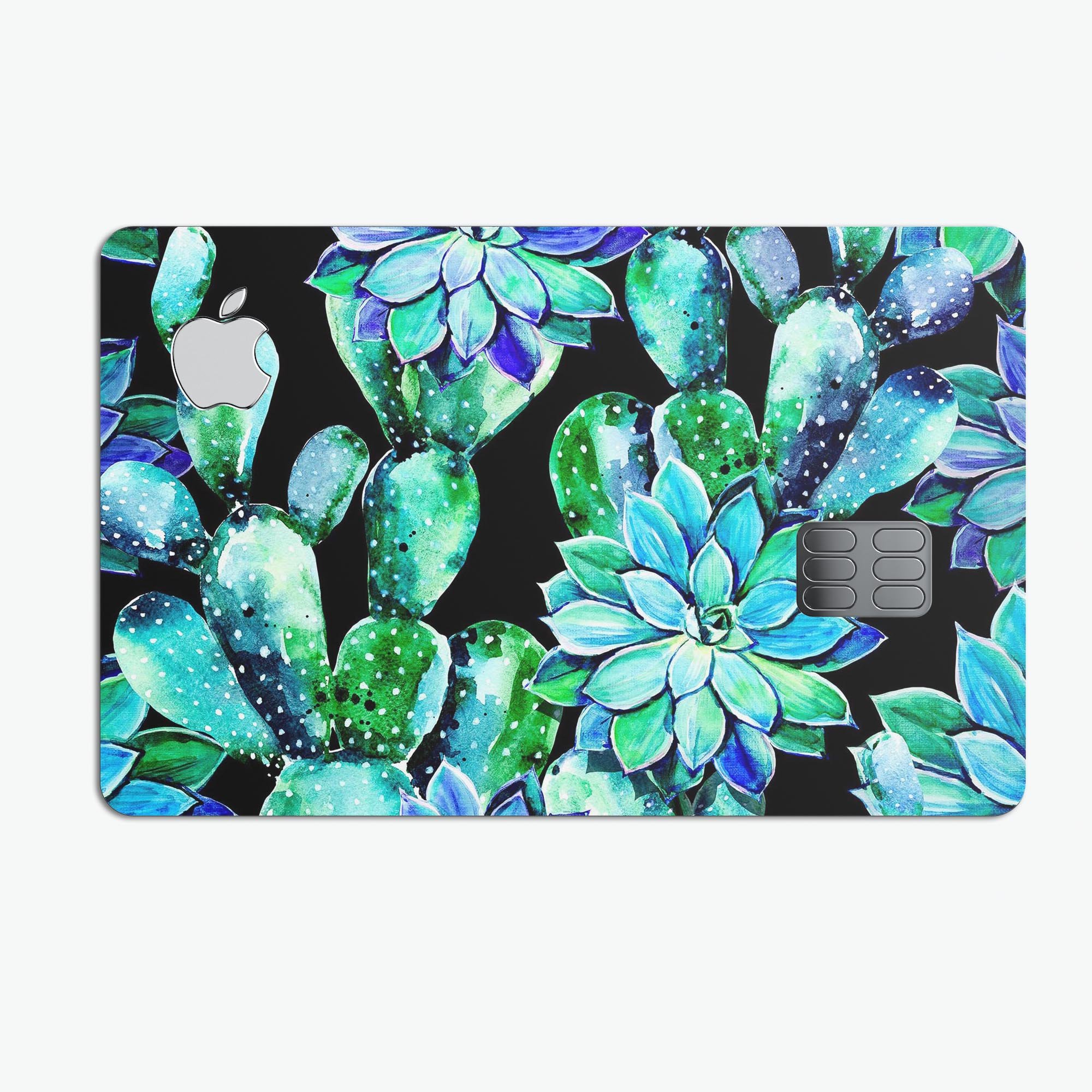 Watercolor Cactus Succulent Bloom V6 decal on an Apple Card, showcasing vibrant colors and a protective design.