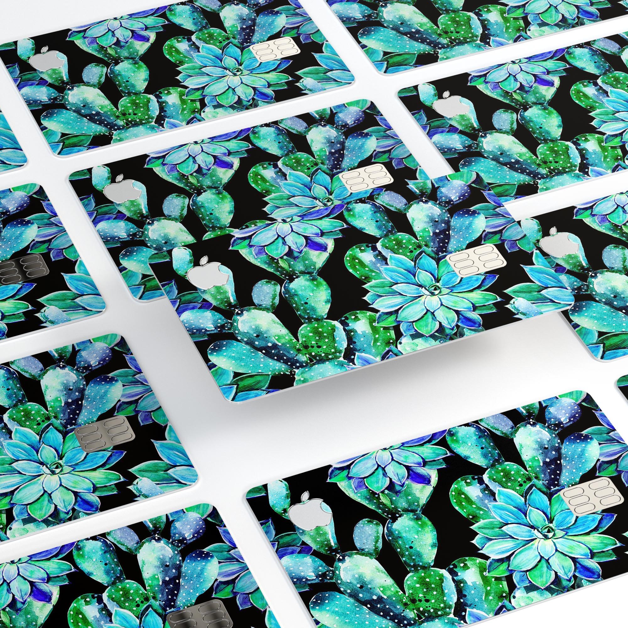 Watercolor Cactus Succulent Bloom V6 decal on an Apple Card, showcasing vibrant colors and a protective design.