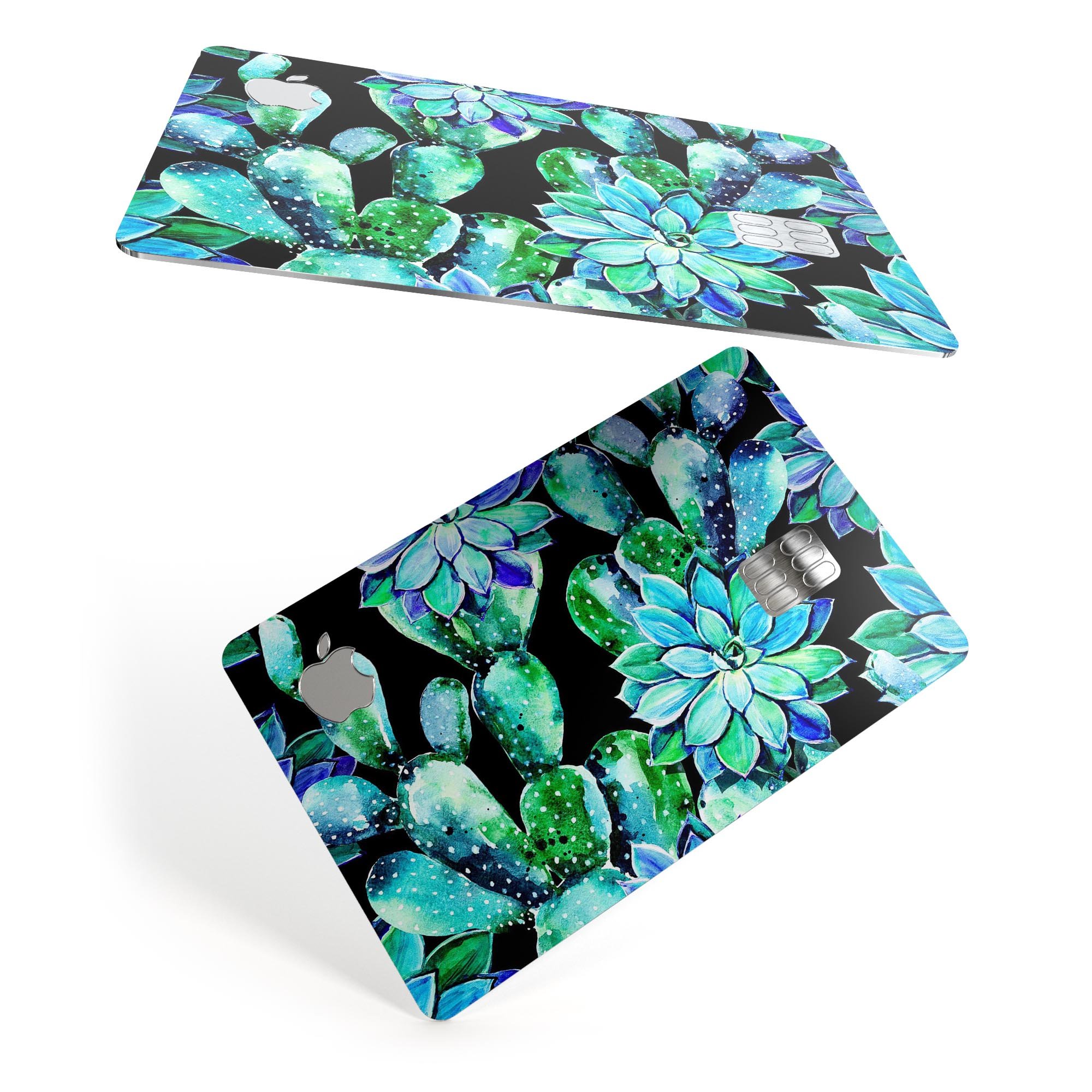 Watercolor Cactus Succulent Bloom V6 decal on an Apple Card, showcasing vibrant colors and a protective design.