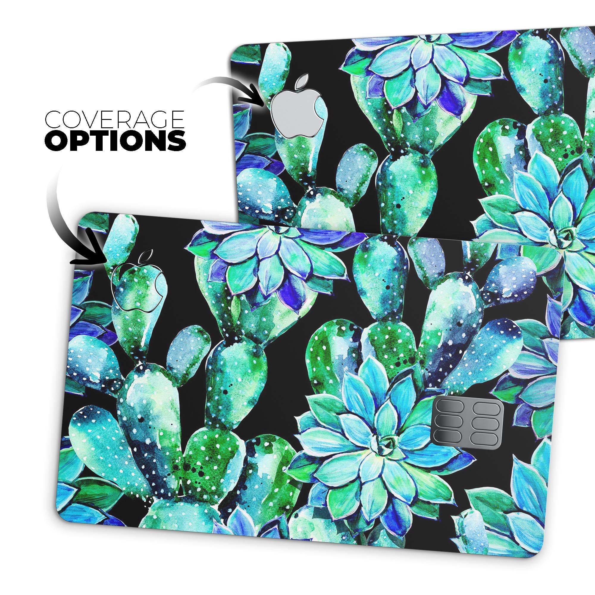 Watercolor Cactus Succulent Bloom V6 decal on an Apple Card, showcasing vibrant colors and a protective design.