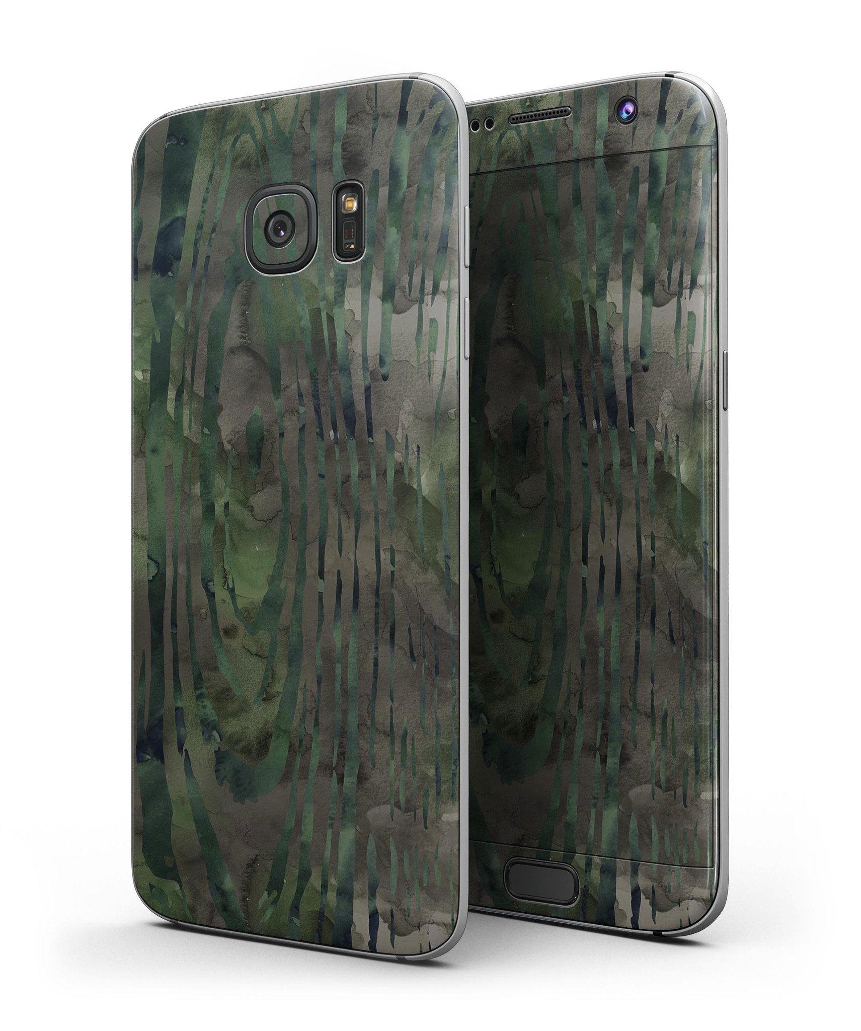 Watercolor Camo Woodgrain skin kit for Samsung Galaxy S7 and S7 Edge, showcasing vibrant colors and premium vinyl material.