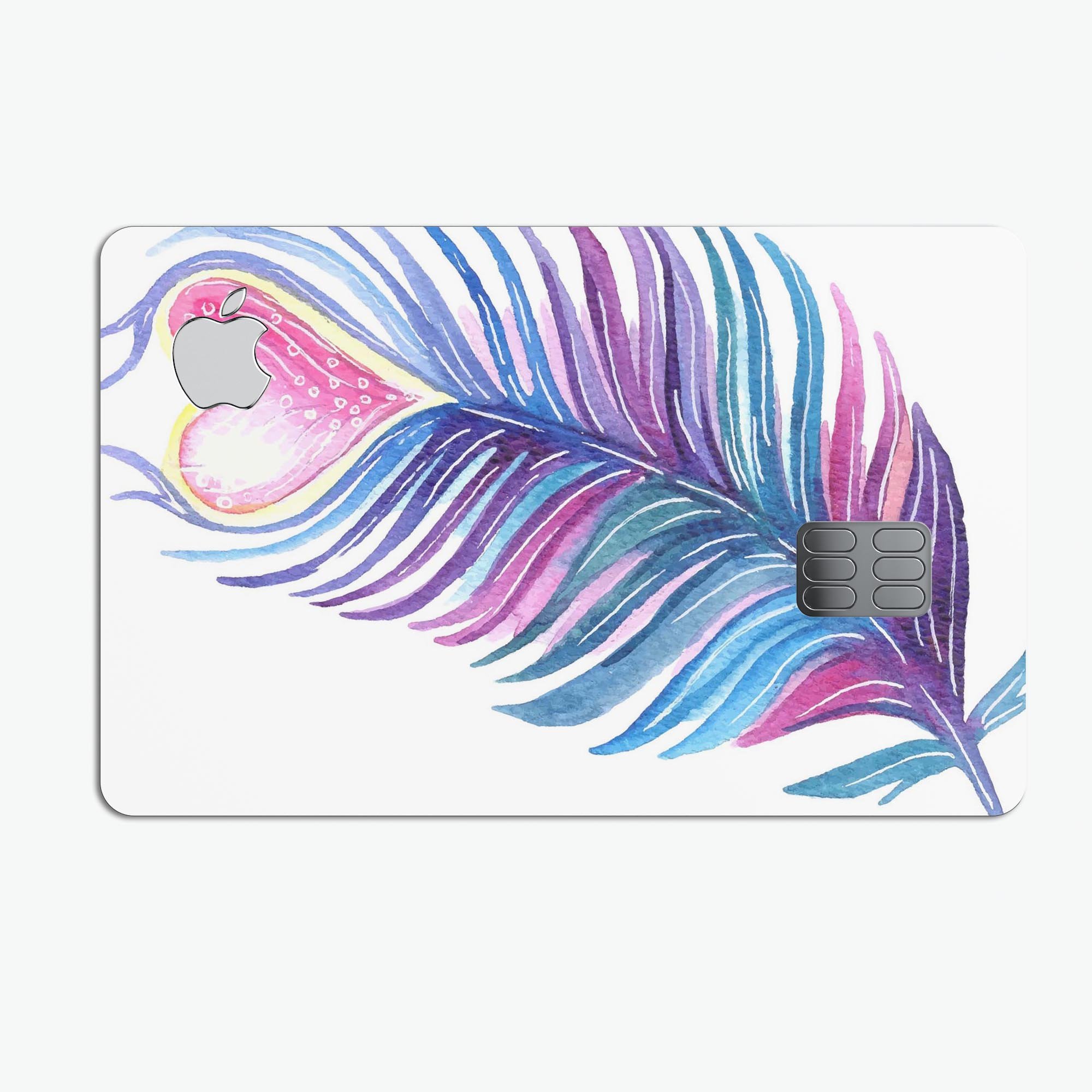 Watercolor Heart Feather decal skin for Apple Card, showcasing vibrant colors and a protective design.
