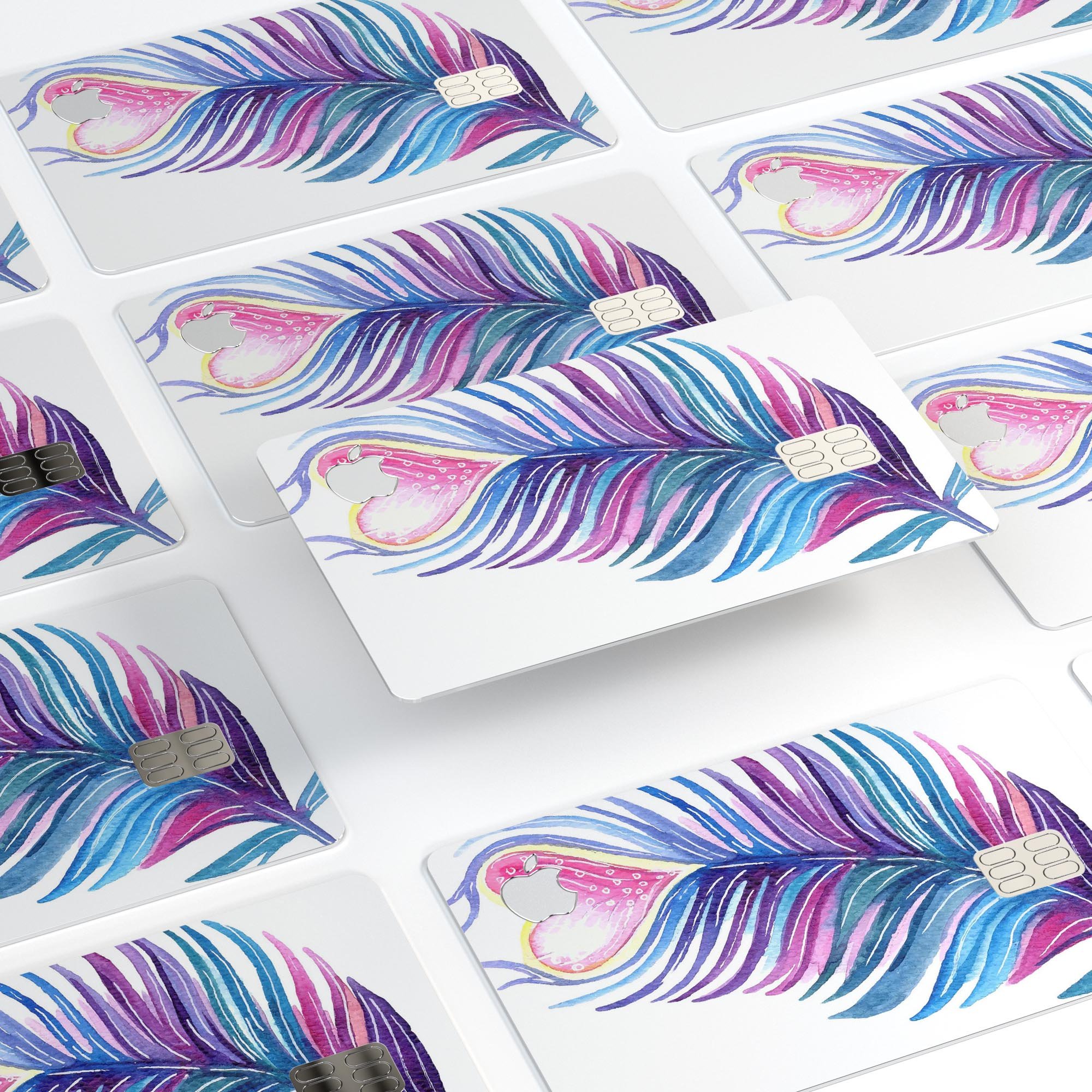 Watercolor Heart Feather decal skin for Apple Card, showcasing vibrant colors and a protective design.