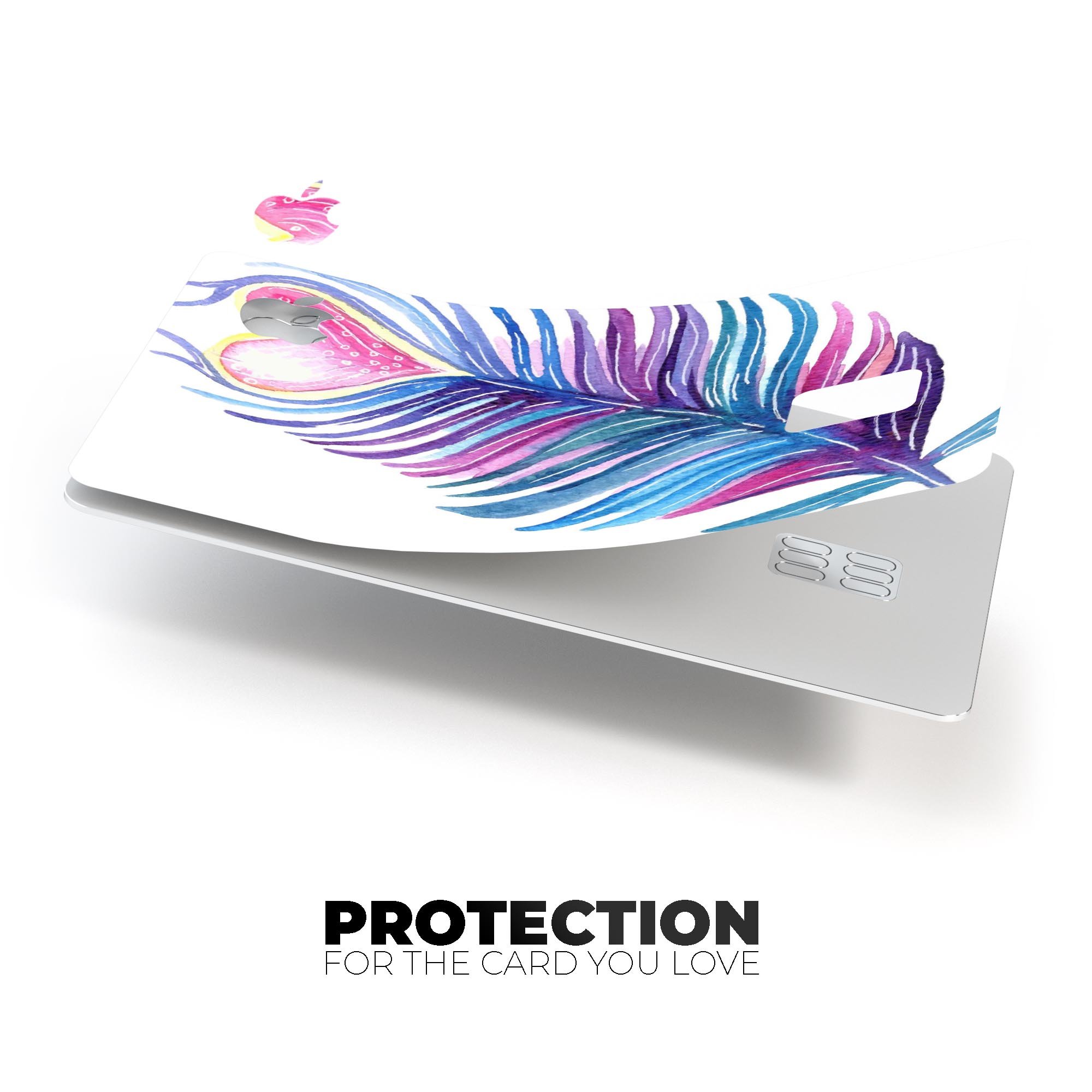 Watercolor Heart Feather decal skin for Apple Card, showcasing vibrant colors and a protective design.