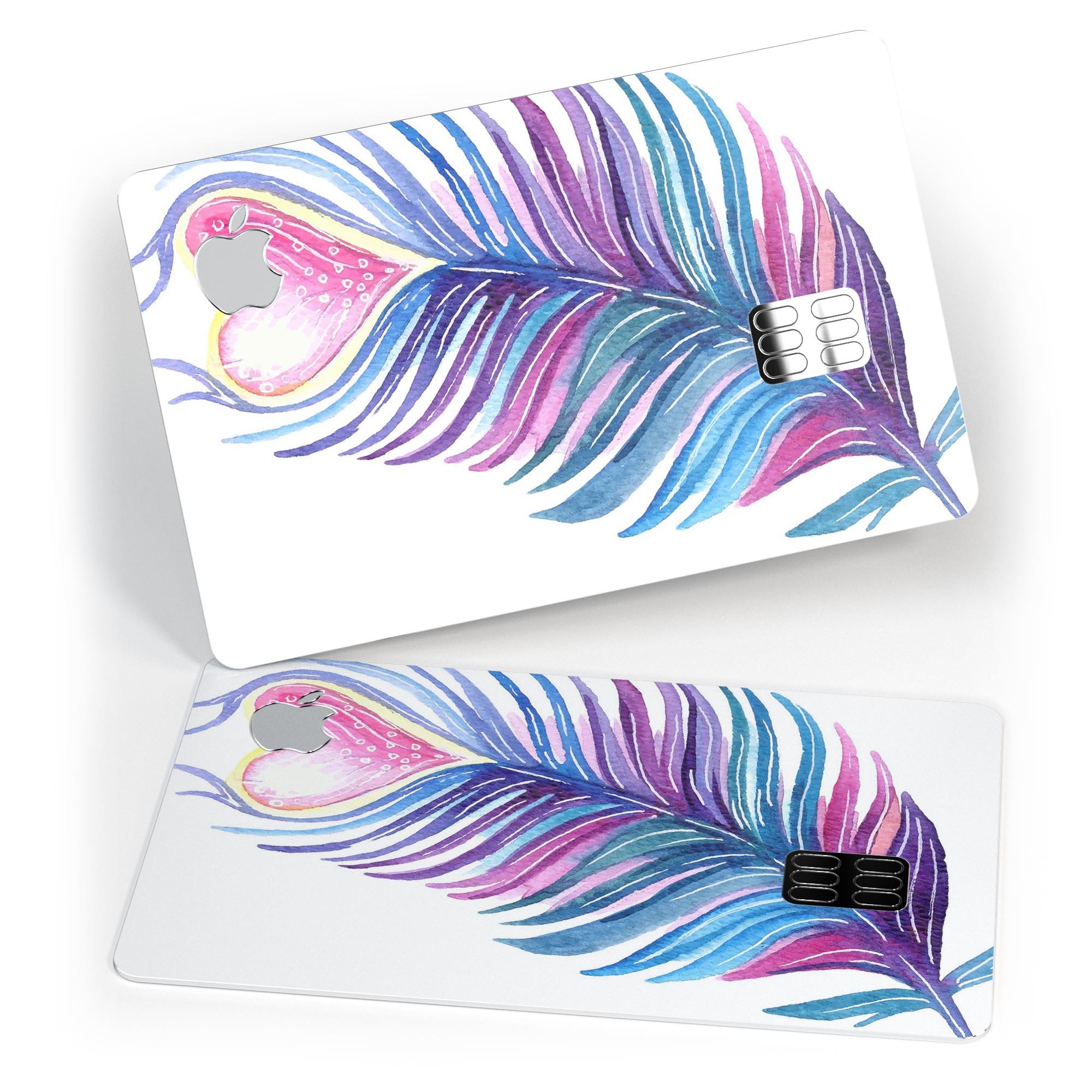 Watercolor Heart Feather decal skin for Apple Card, showcasing vibrant colors and a protective design.