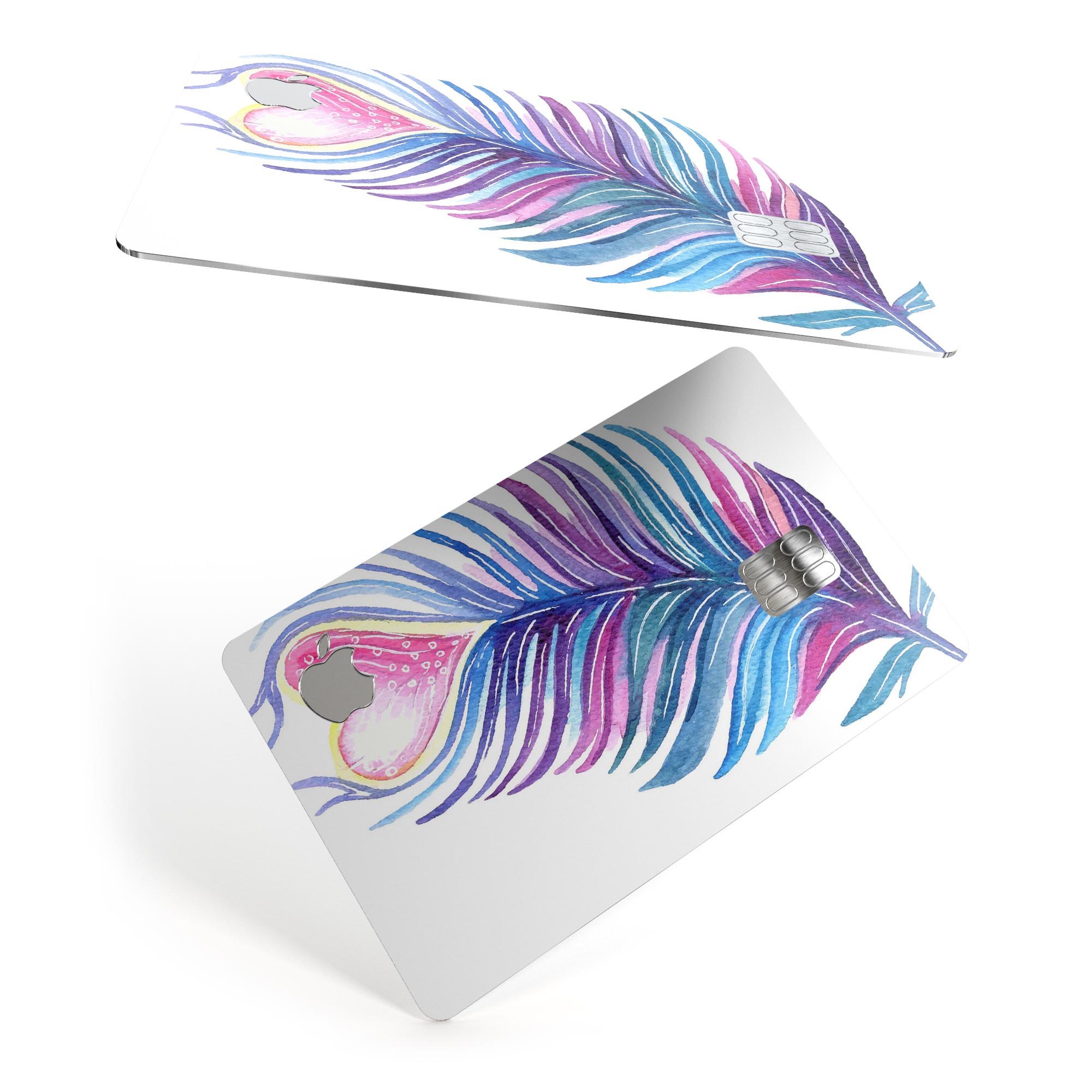 Watercolor Heart Feather decal skin for Apple Card, showcasing vibrant colors and a protective design.