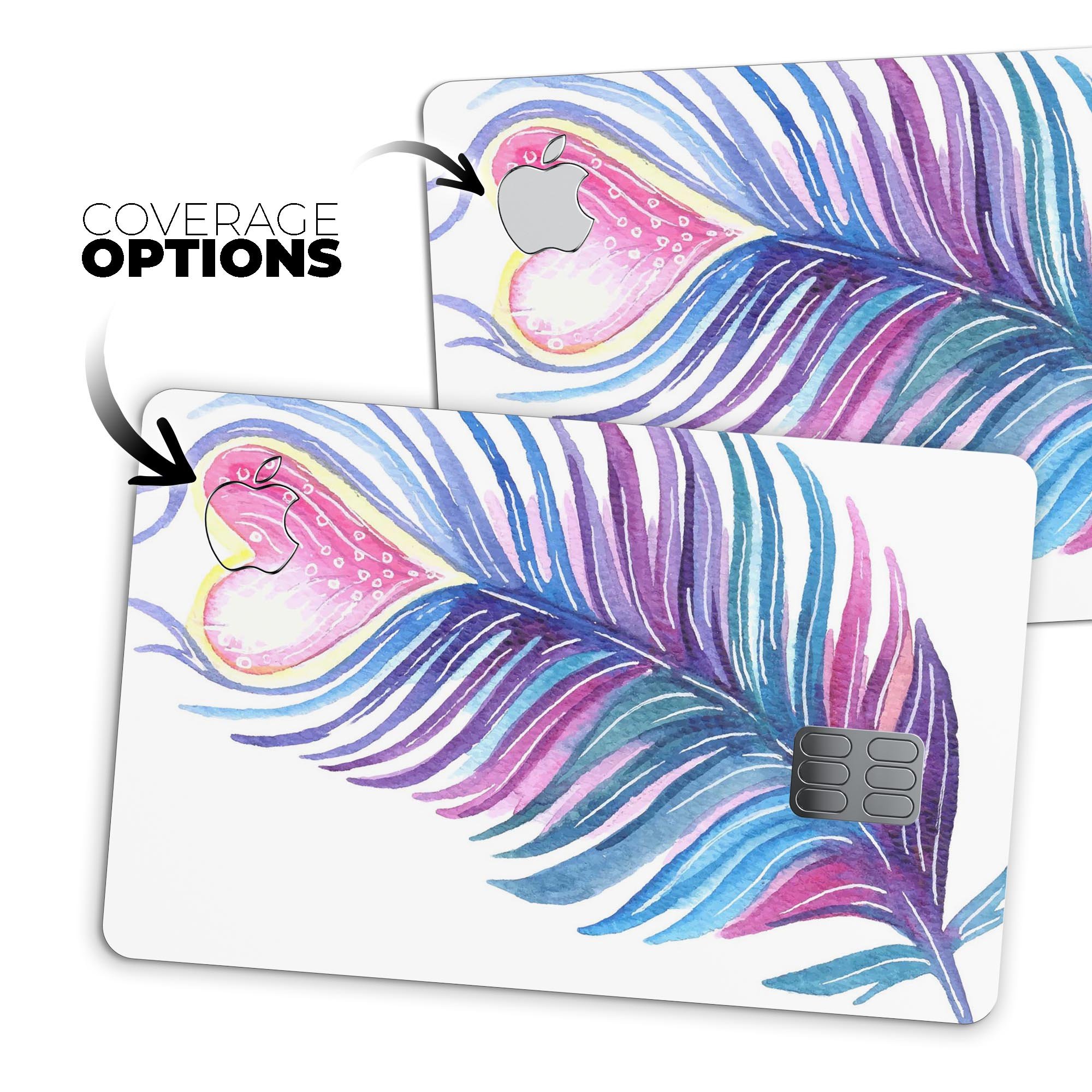Watercolor Heart Feather decal skin for Apple Card, showcasing vibrant colors and a protective design.