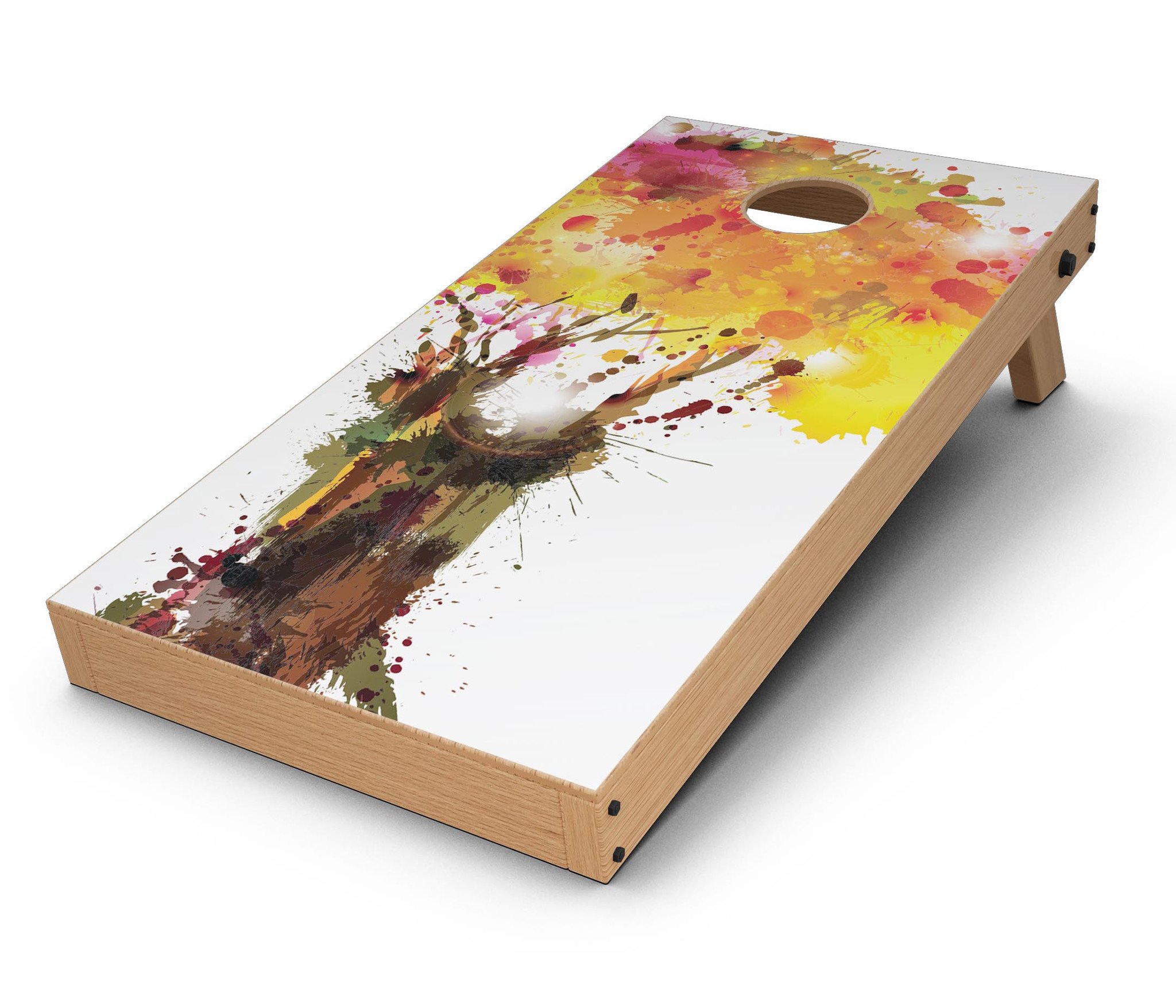 Watercolor Splattered Tree Cornhole Board Skin Decal Kit showcasing vibrant colors and artistic design for custom Cornhole boards.