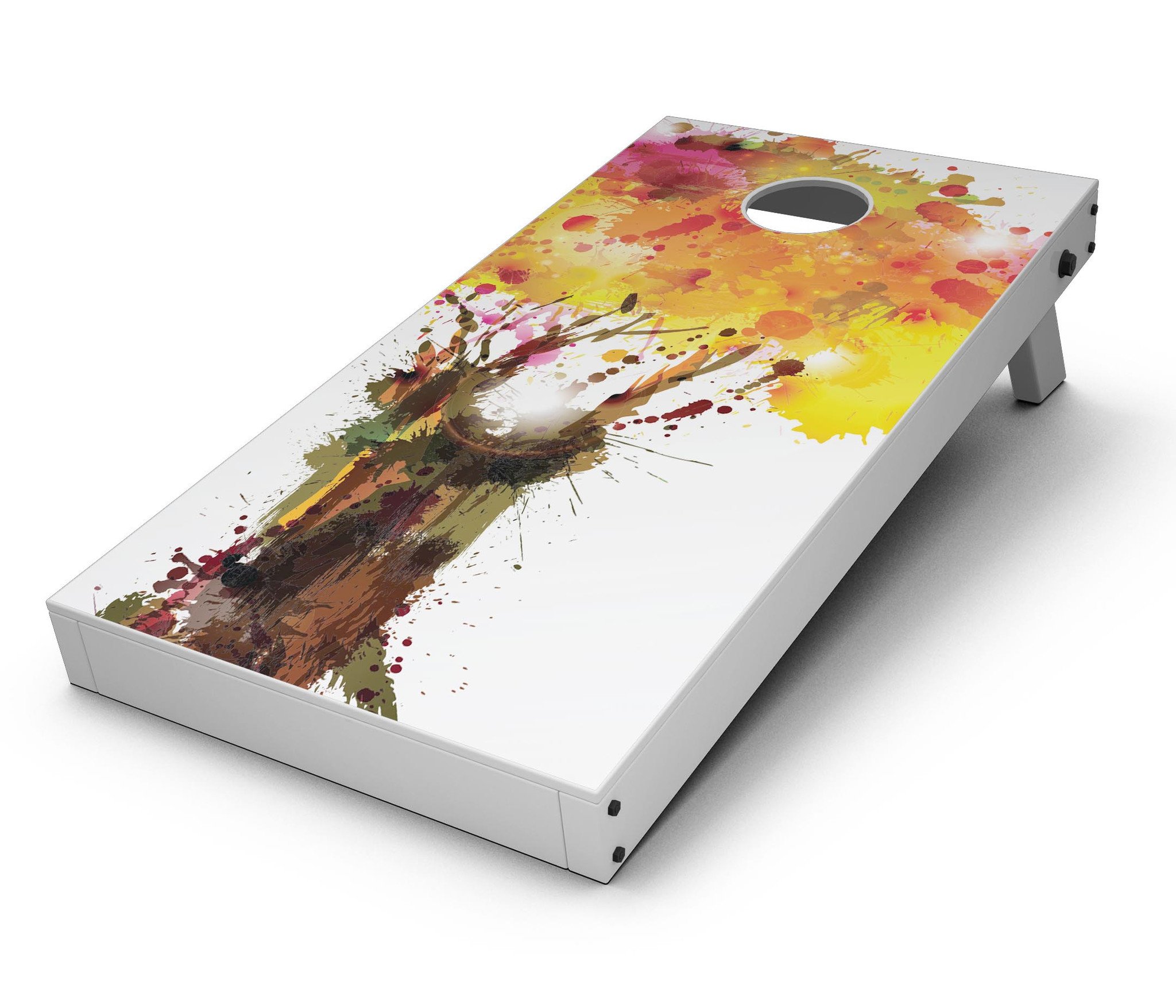 Watercolor Splattered Tree Cornhole Board Skin Decal Kit showcasing vibrant colors and artistic design for custom Cornhole boards.