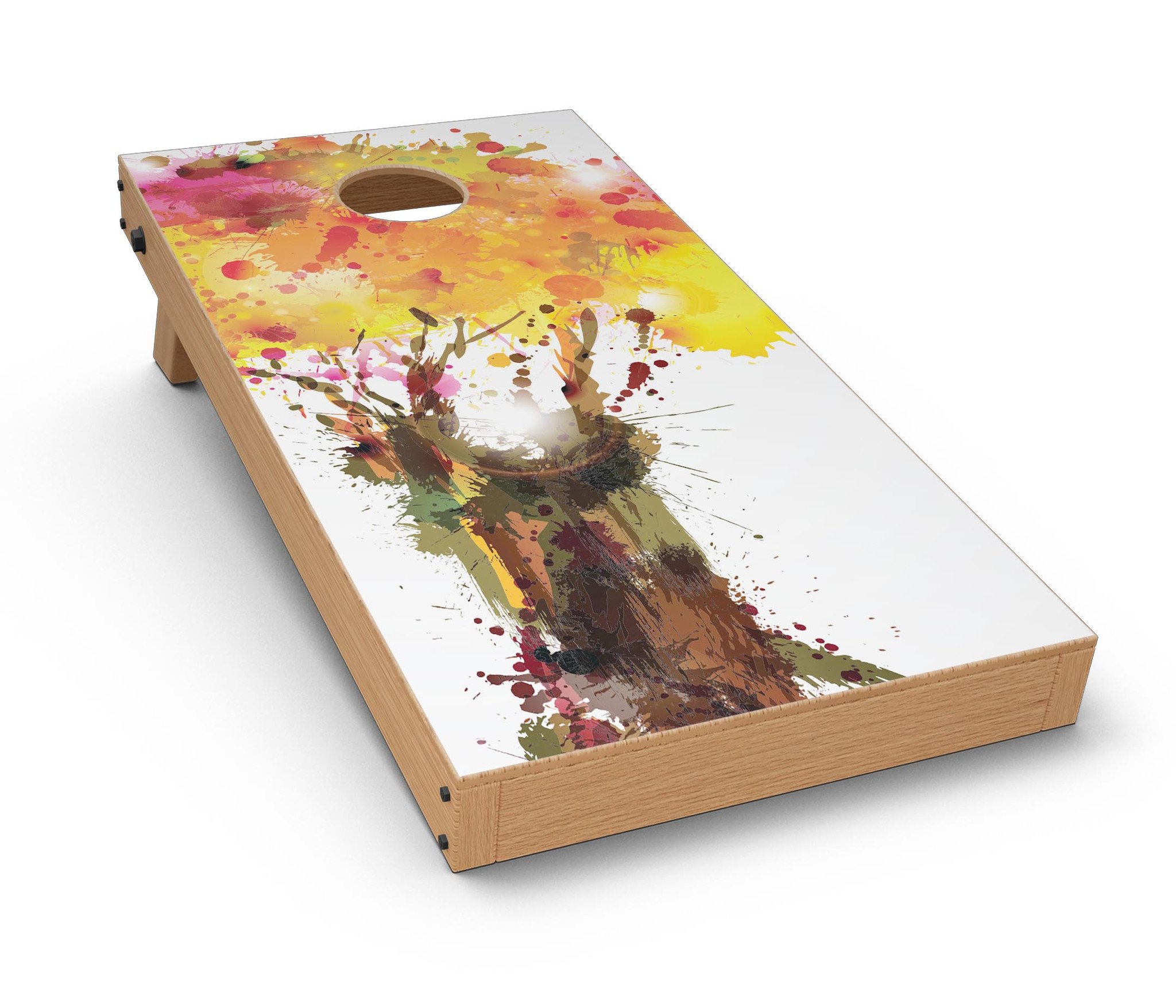 Watercolor Splattered Tree Cornhole Board Skin Decal Kit showcasing vibrant colors and artistic design for custom Cornhole boards.