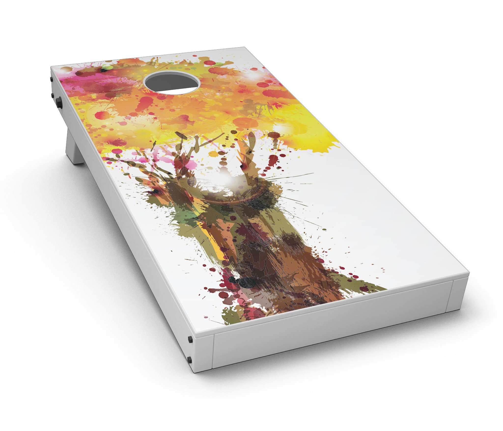 Watercolor Splattered Tree Cornhole Board Skin Decal Kit showcasing vibrant colors and artistic design for custom Cornhole boards.
