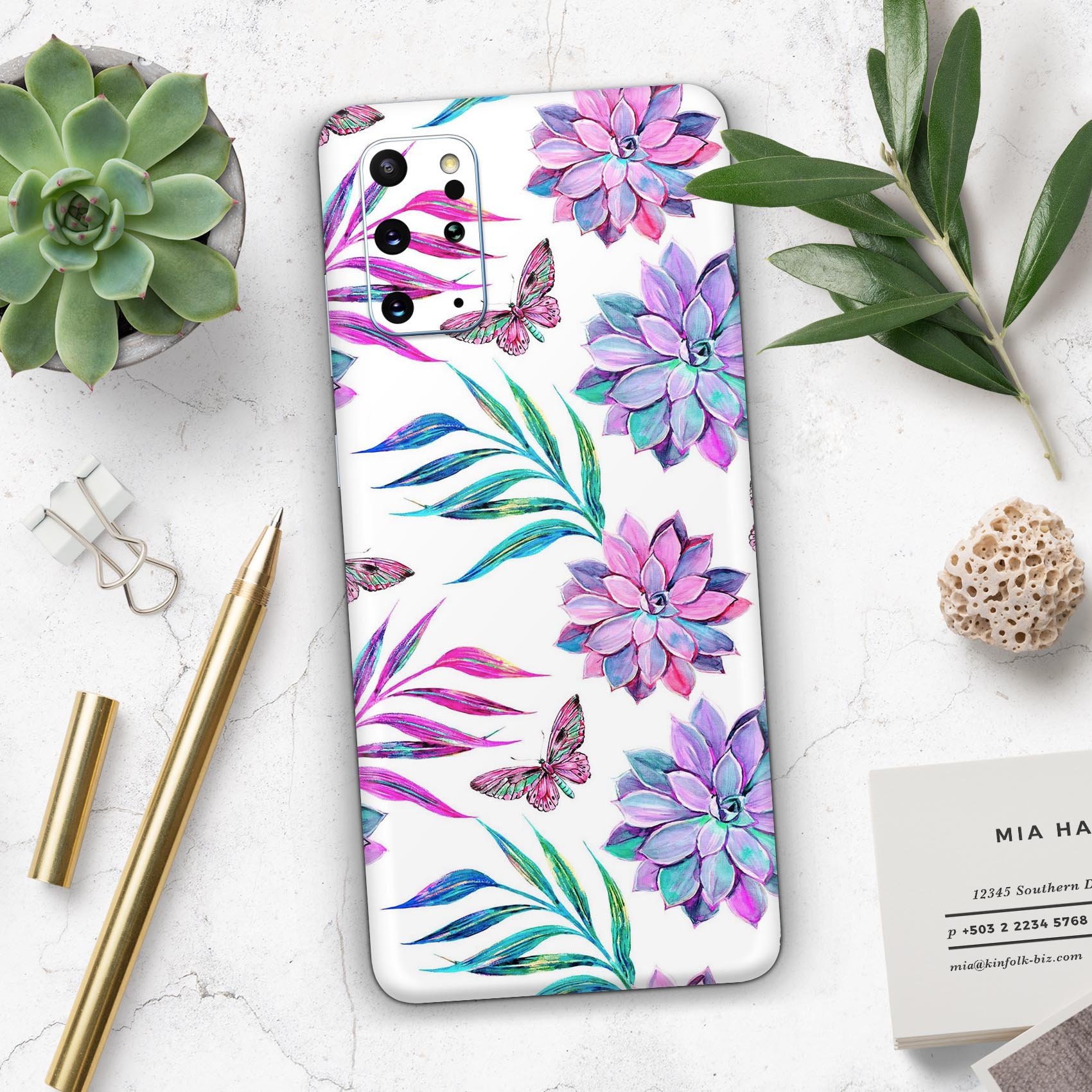 Watercolor Succulent Bloom V17 Skin-Kit for Samsung Galaxy, featuring vibrant succulent designs on a premium vinyl material.