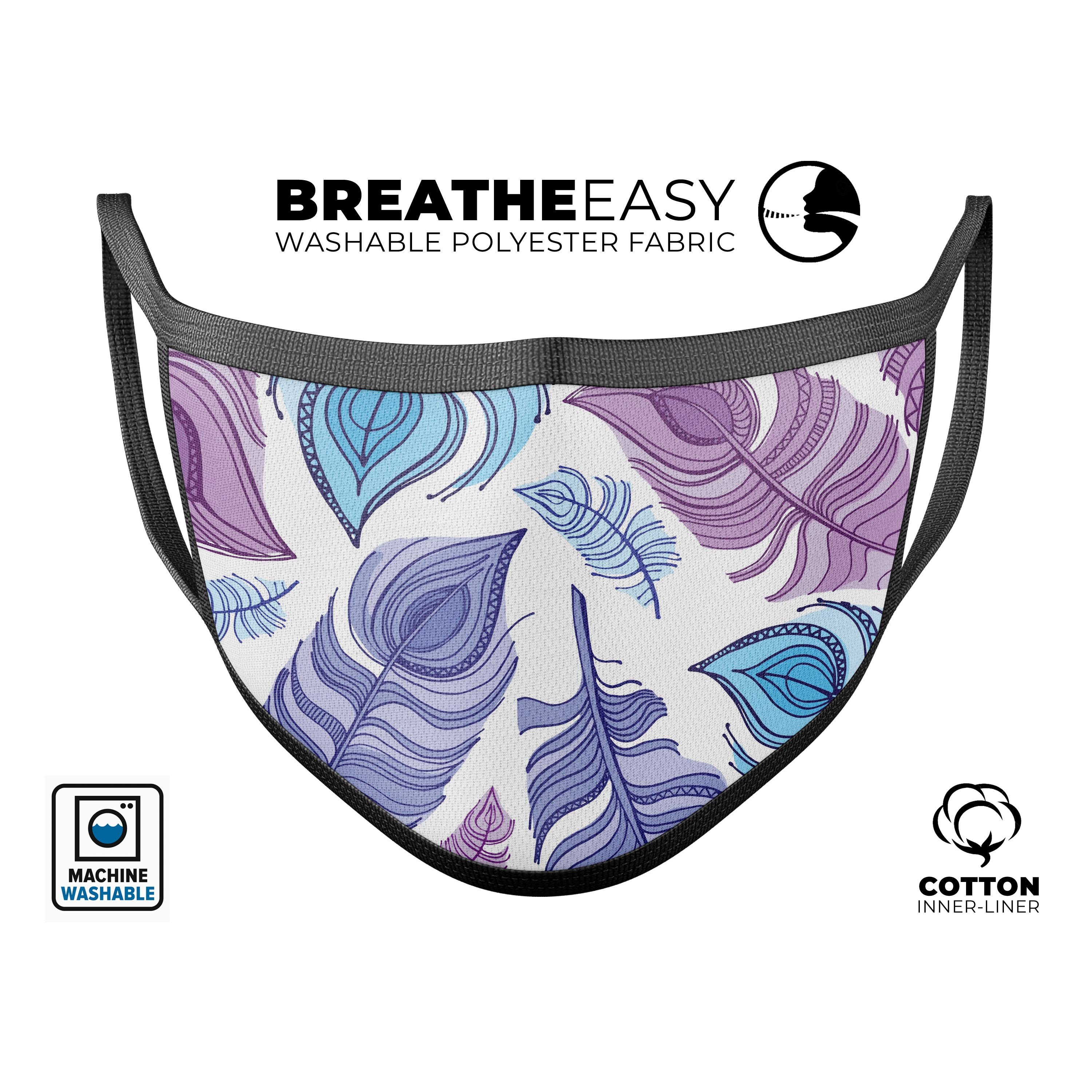 Watercolor Vector Feather face mask, featuring a vibrant design, adjustable ear-loops, and made from soft cotton for comfort.